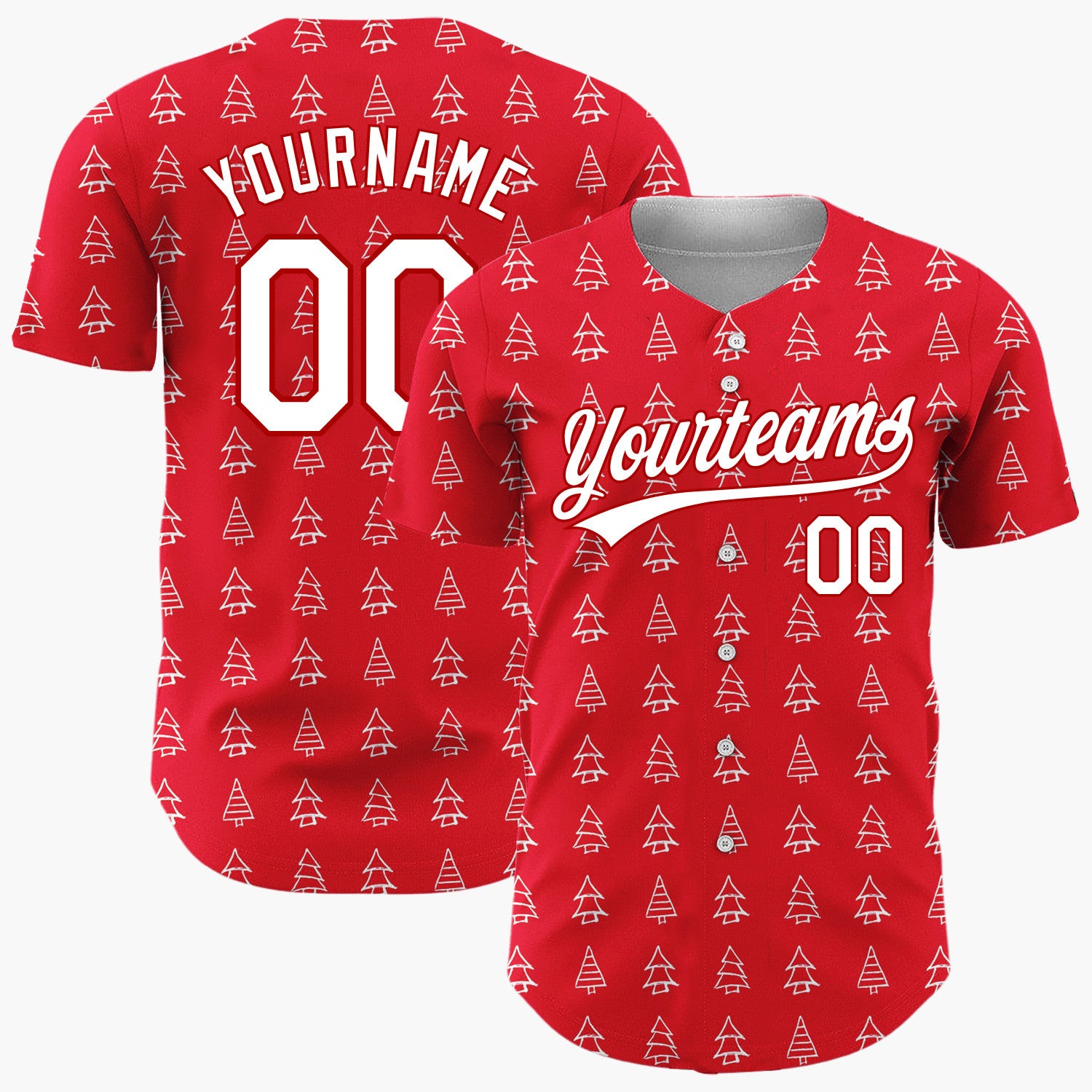 Custom Red White Doodle Christmas Trees Simple Line Pattern Christmas Baseball Jersey