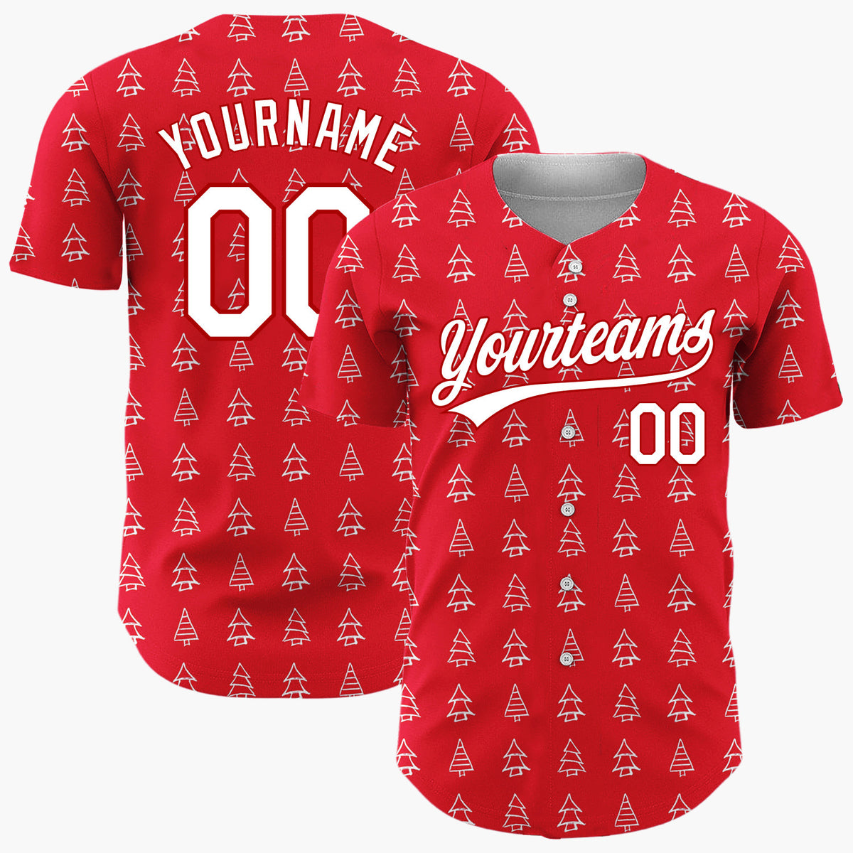 Custom Red White Doodle Christmas Trees Simple Line Pattern Christmas Baseball Jersey