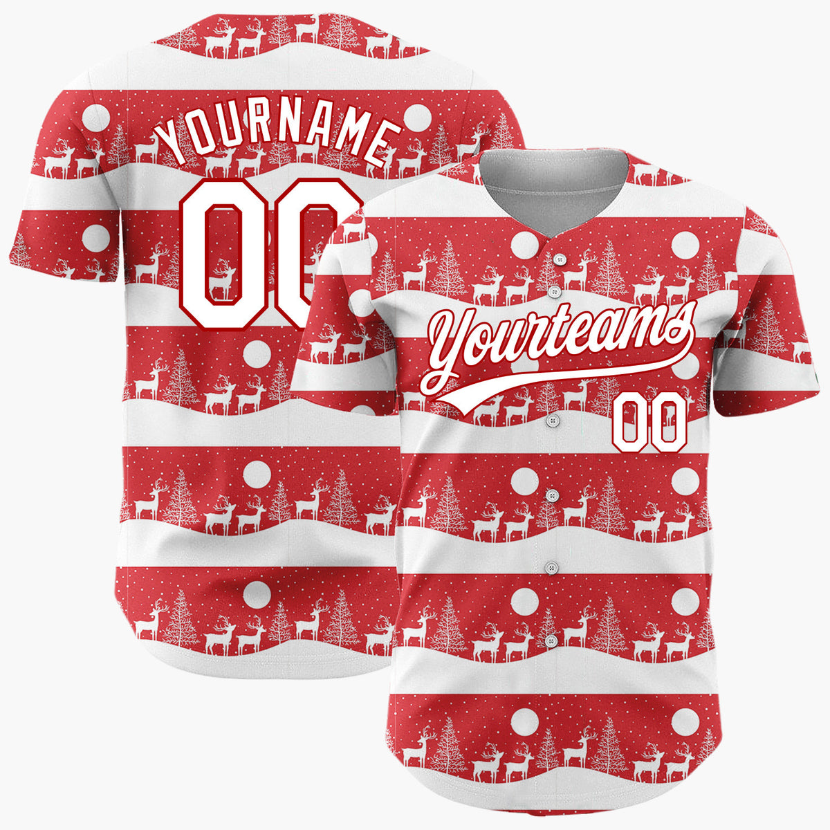 Custom Red Deer Tree Silhouette Border Pattern Christmas Baseball Jersey