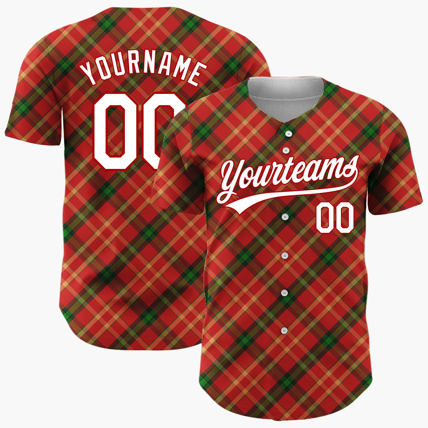 Custom Red Green Diagonal Plaid Tartan Classic Holiday Pattern Christmas Baseball Jersey