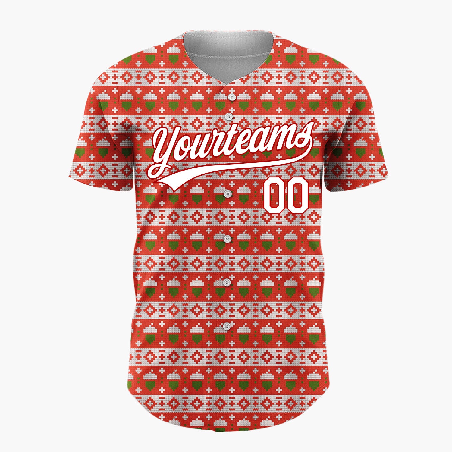 Custom Red Green And White Christmas Trees Knit Nordic Fair Isle Pattern Christmas Baseball Jersey