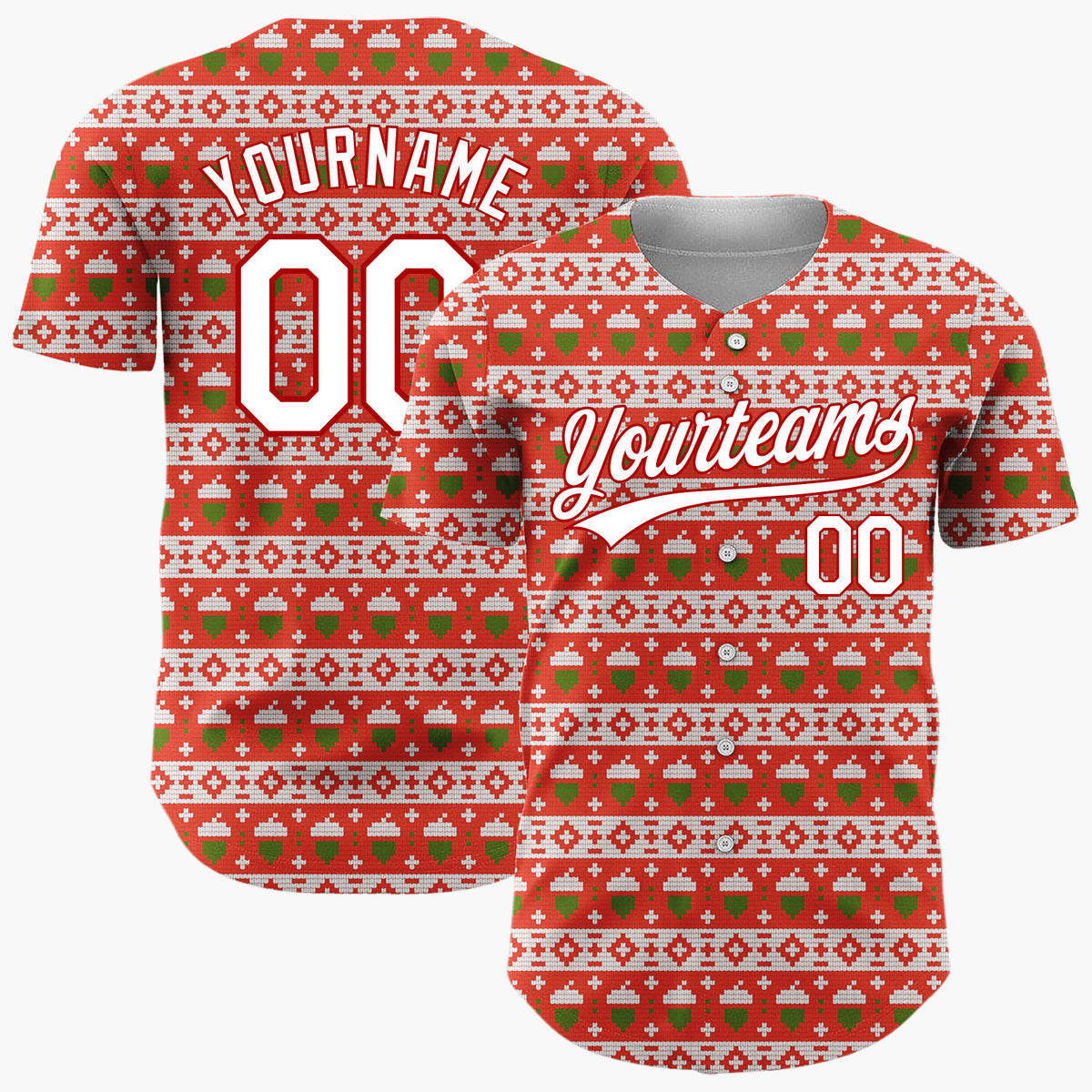 Custom Red Green And White Christmas Trees Knit Nordic Fair Isle Pattern Christmas Baseball Jersey