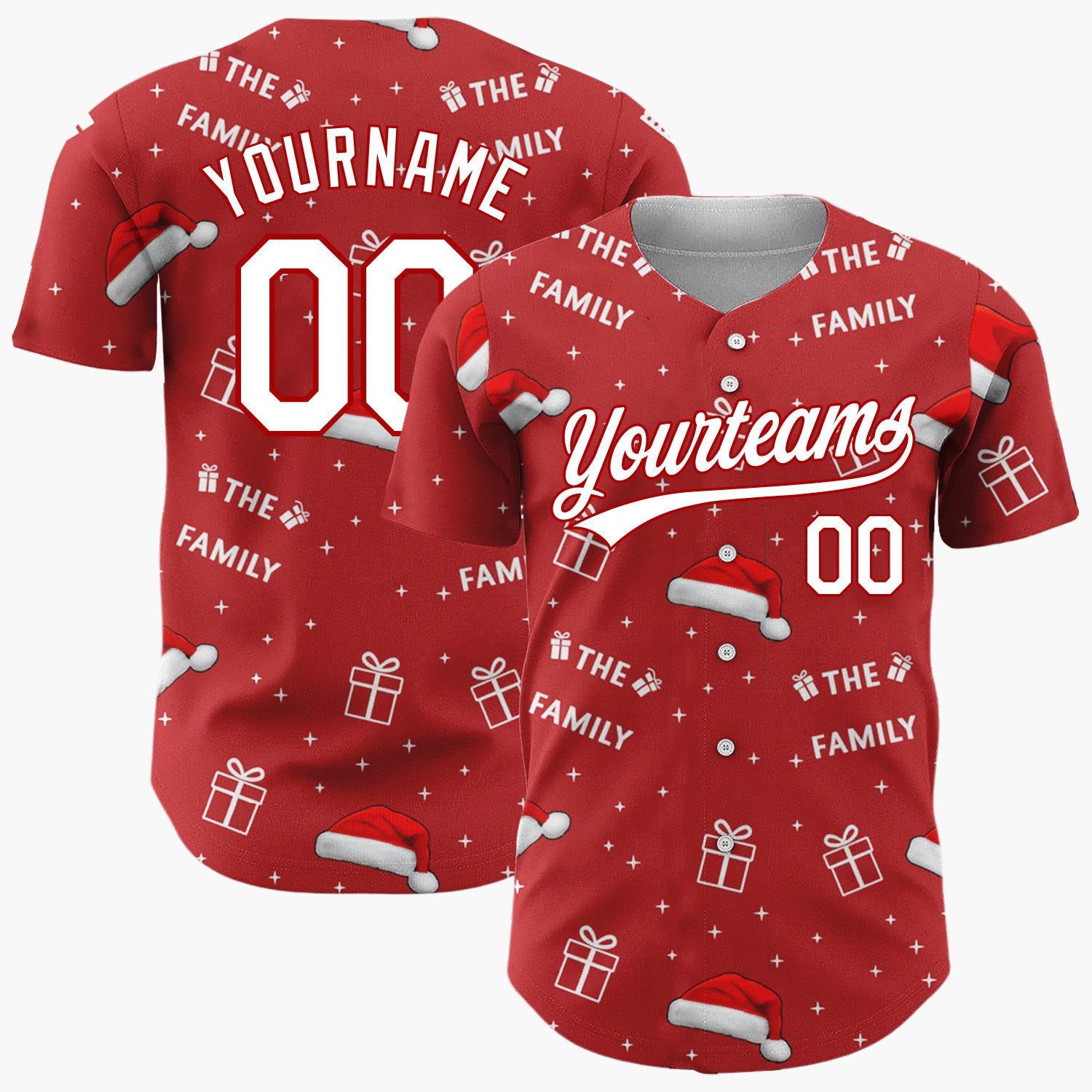 Custom Red White Black Santa Hats Gifts And Stars Family Christmas Baseball Jersey