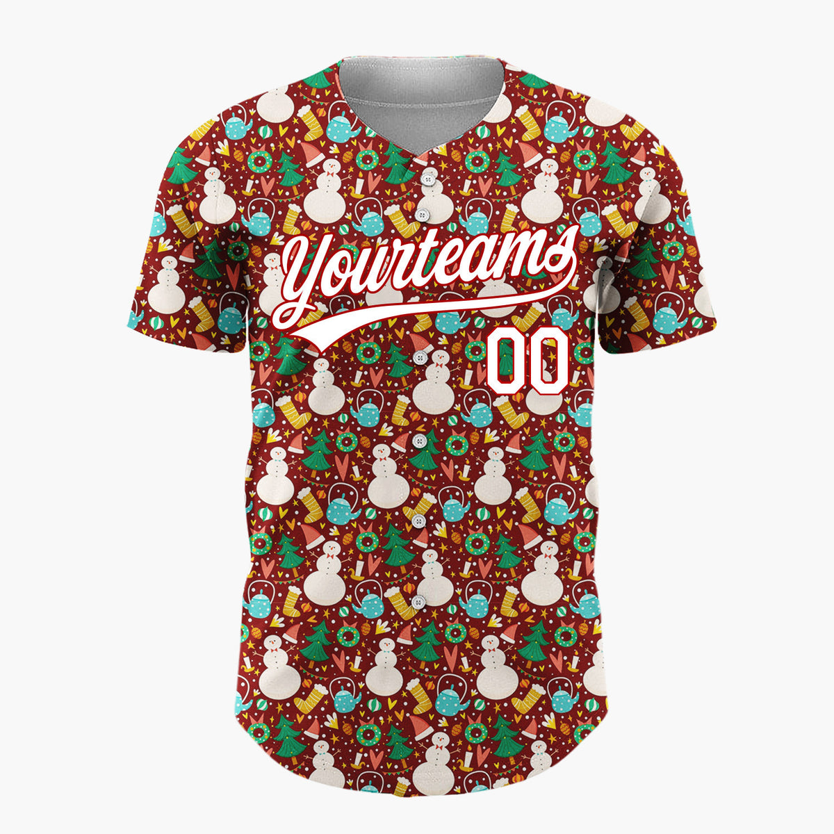 Custom Red Snowman Wreath Festive Nordic Pattern Christmas Baseball Jersey