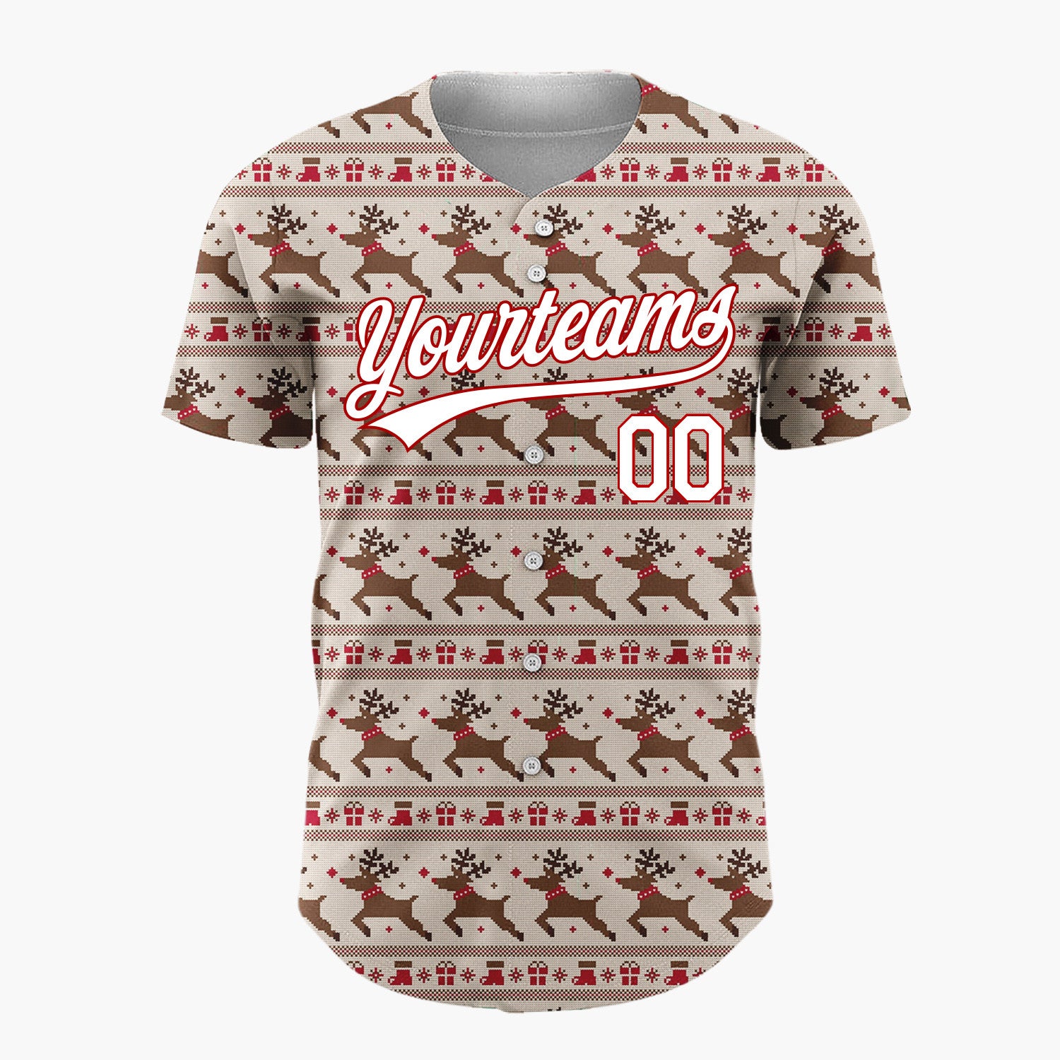 Custom Red Green And Yellow Reindeer Trees And Hearts Pixel Knit Christmas Baseball Jersey