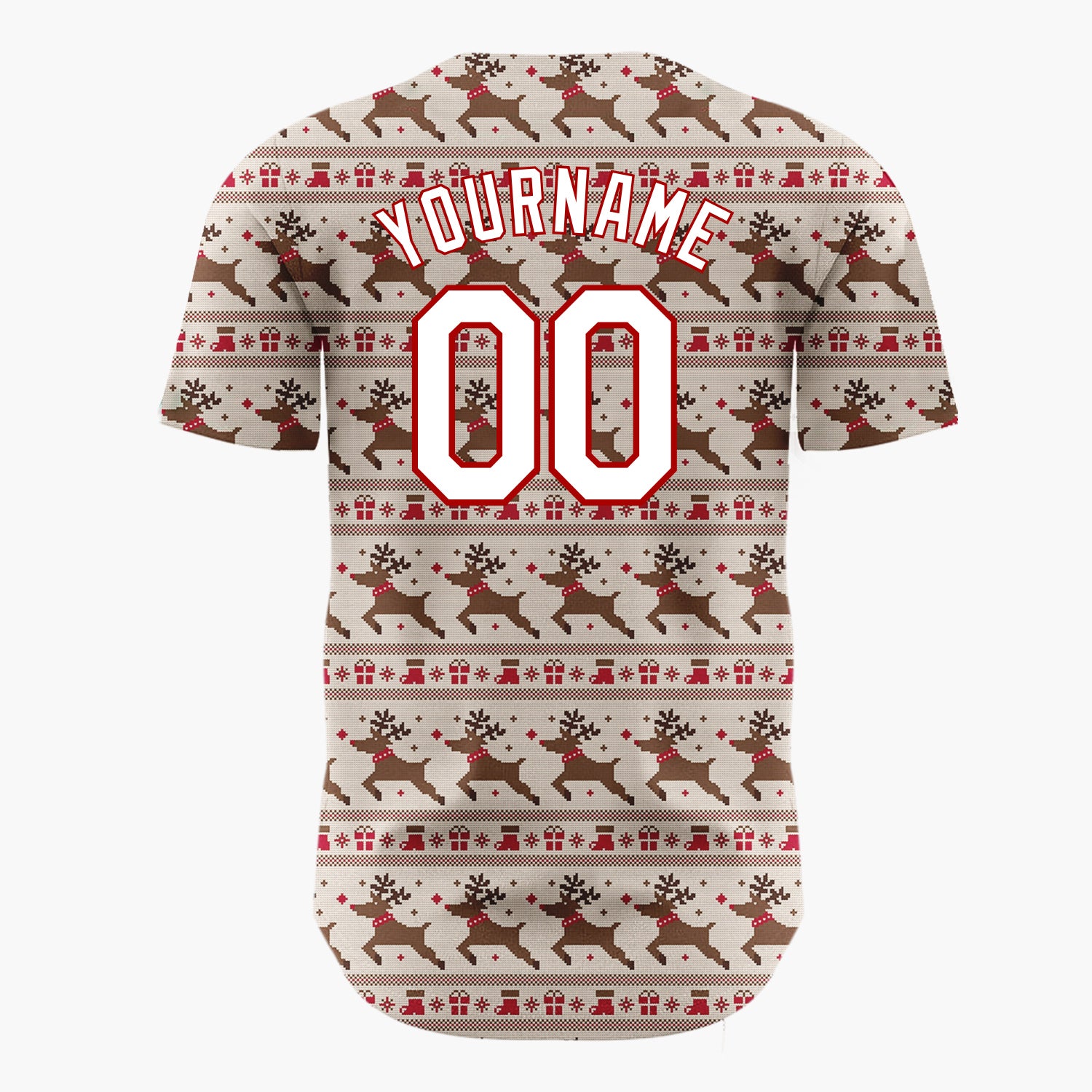 Custom Red Green And Yellow Reindeer Trees And Hearts Pixel Knit Christmas Baseball Jersey