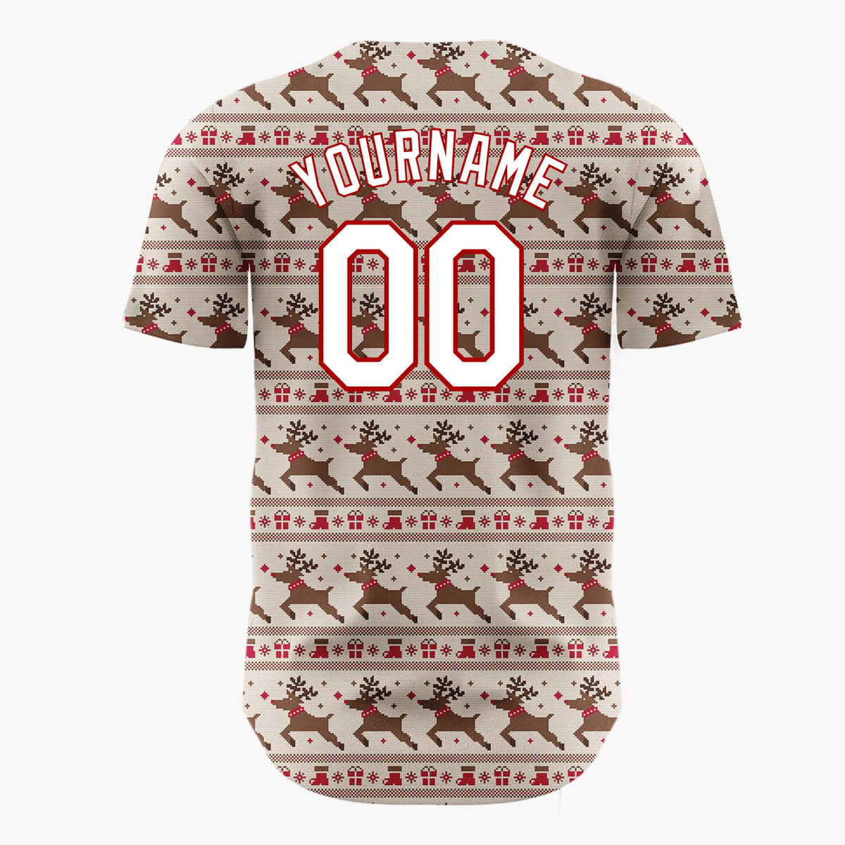 Custom Red Green And Yellow Reindeer Trees And Hearts Pixel Knit Christmas Baseball Jersey
