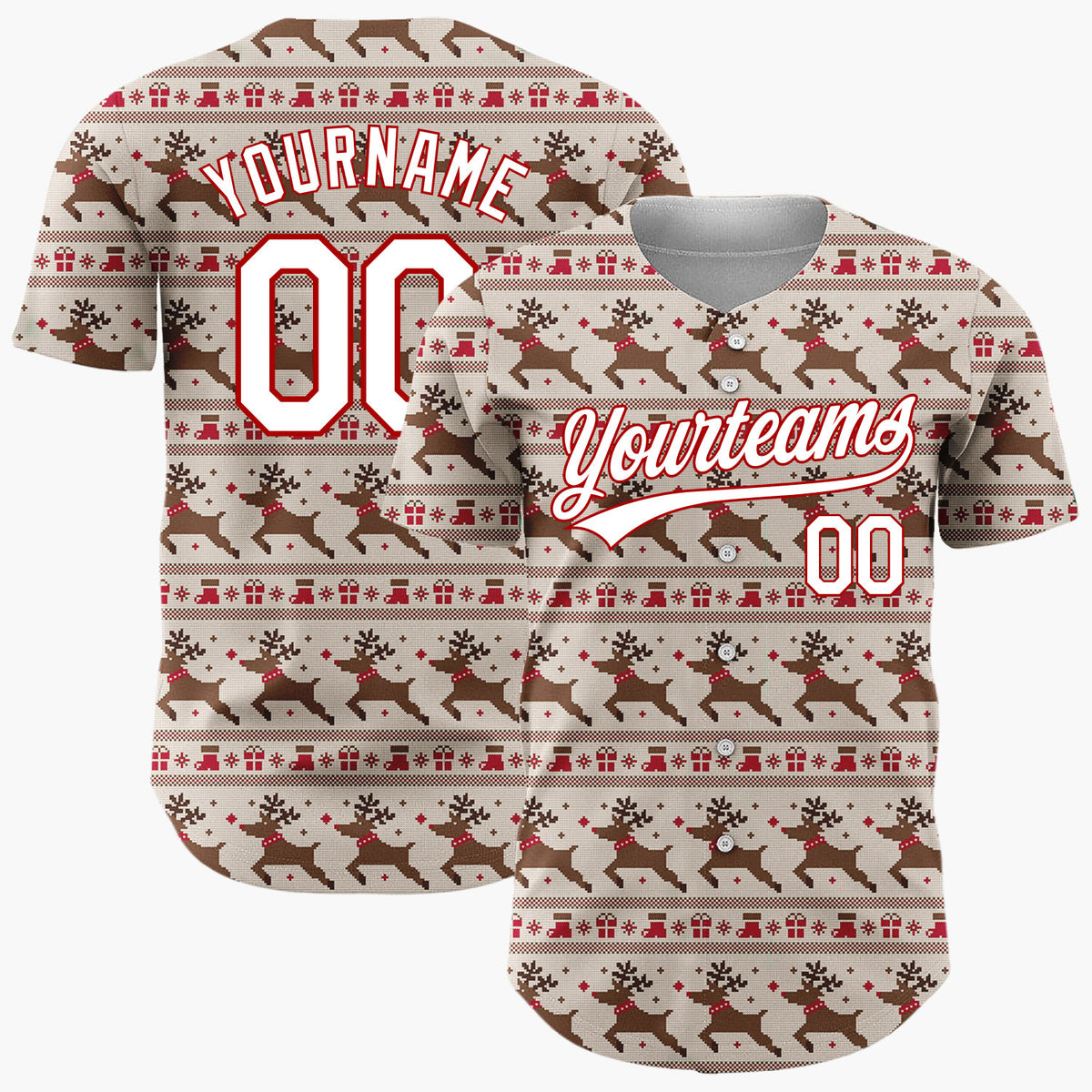 Custom Red Green And Yellow Reindeer Trees And Hearts Pixel Knit Christmas Baseball Jersey
