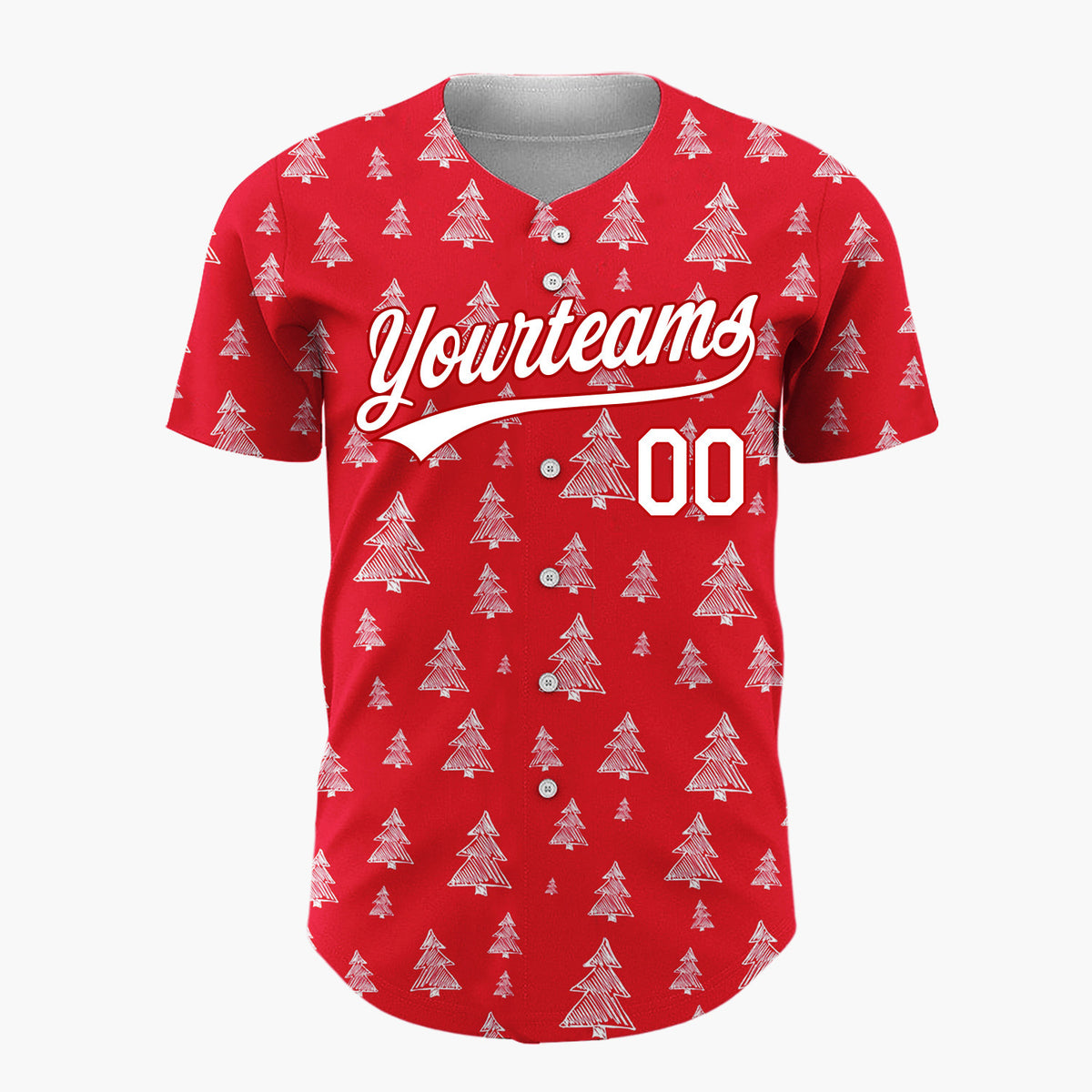 Custom Red White Sketch Christmas Trees Doodle Pattern Christmas Baseball Jersey