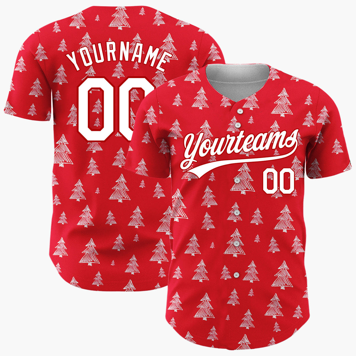 Custom Red White Sketch Christmas Trees Doodle Pattern Christmas Baseball Jersey