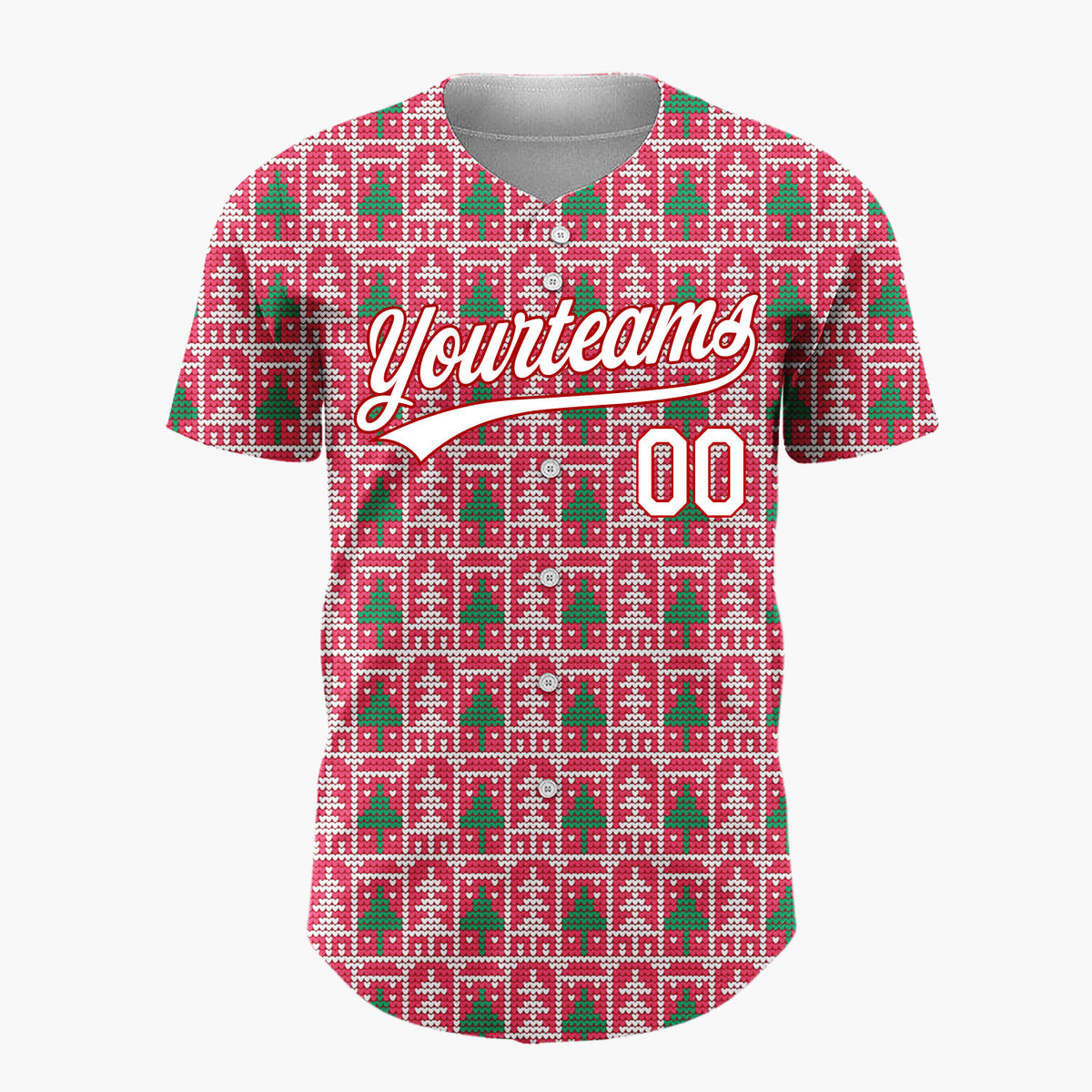 Custom Red Green Trees Houses And Borders Knitted Scandinavian Pattern Christmas Baseball Jersey