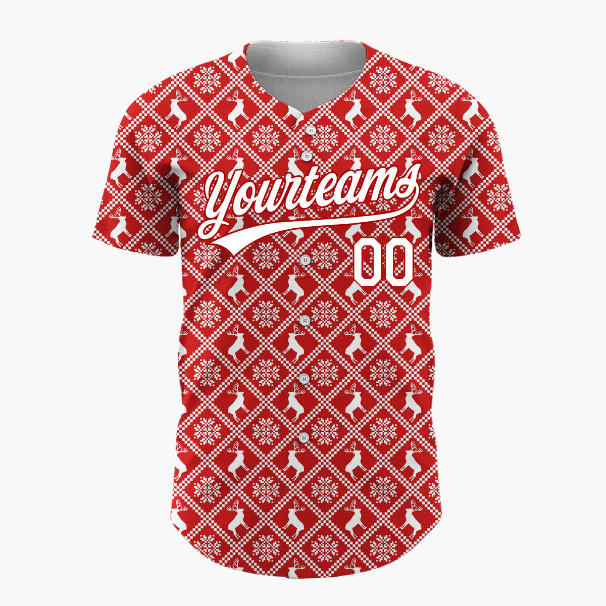 Custom Red Reindeer Geometric Square Nordic Fair Isle Pattern Christmas Baseball Jersey