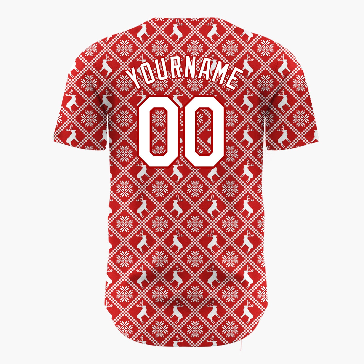 Custom Red Reindeer Geometric Square Nordic Fair Isle Pattern Christmas Baseball Jersey