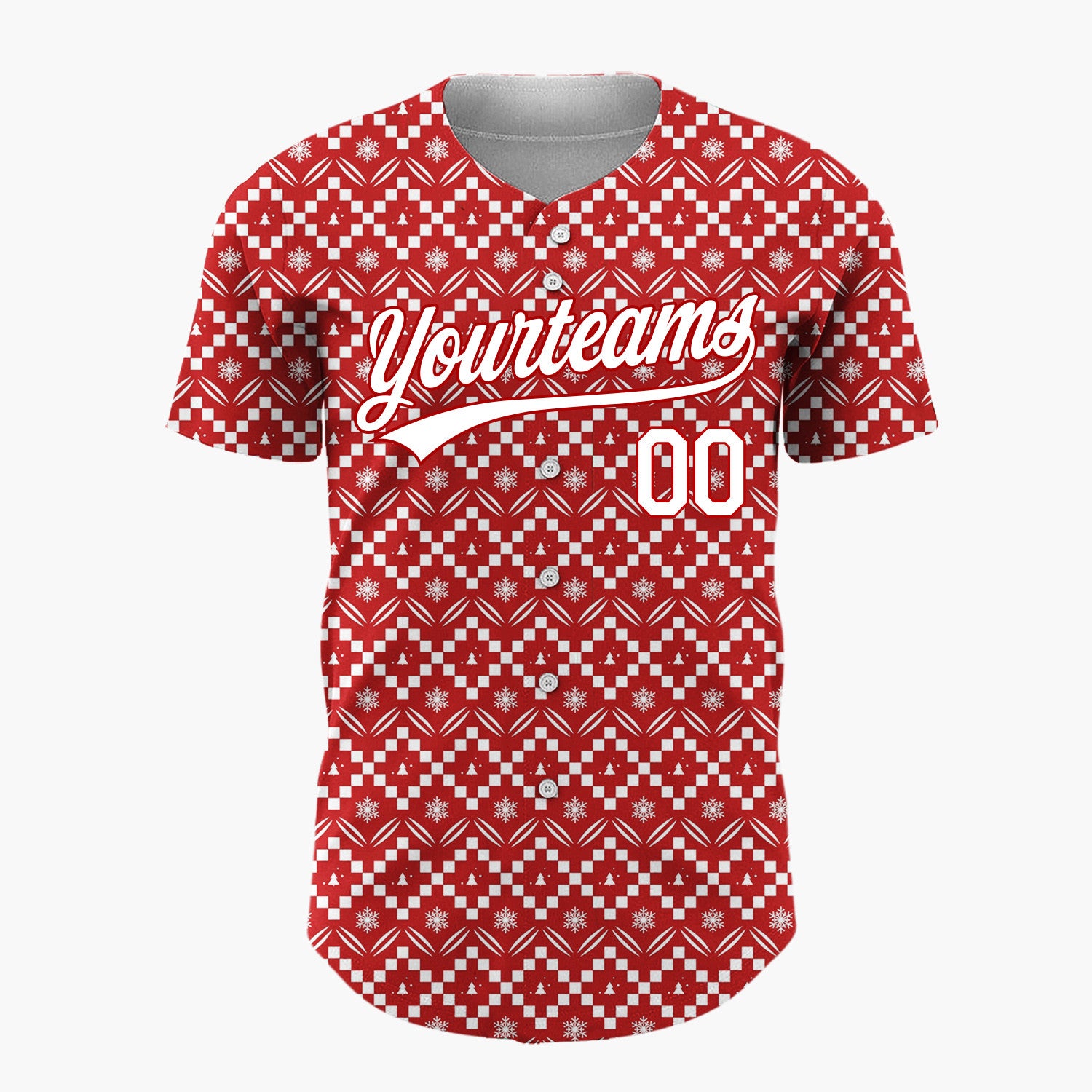 Custom Red Christmas Trees Geometric Nordic Fair Isle Christmas Baseball Jersey