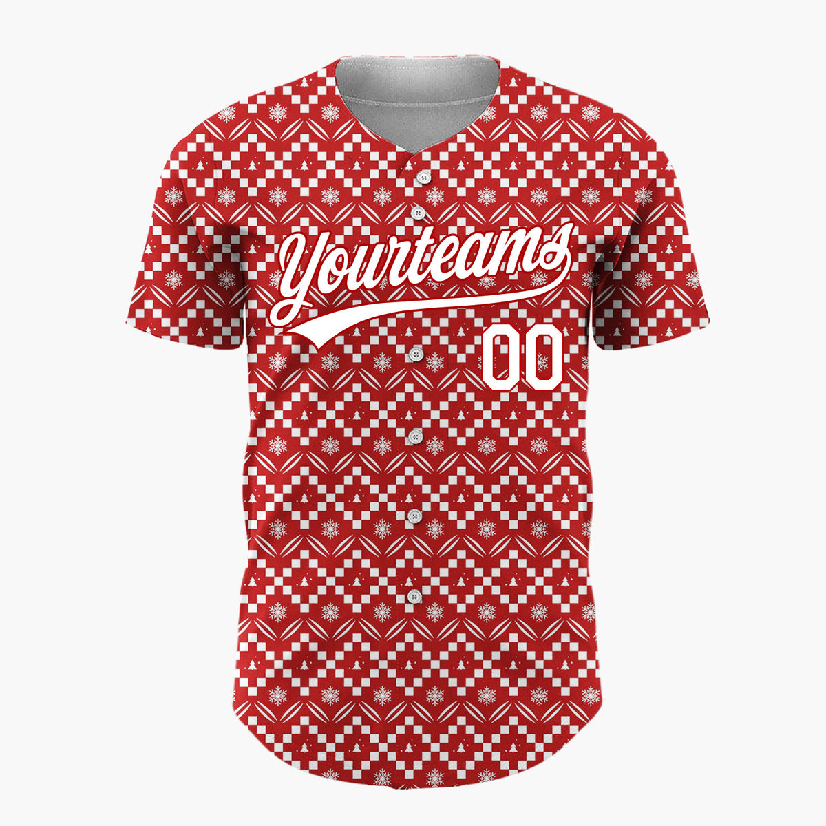 Custom Red Christmas Trees Geometric Nordic Fair Isle Christmas Baseball Jersey