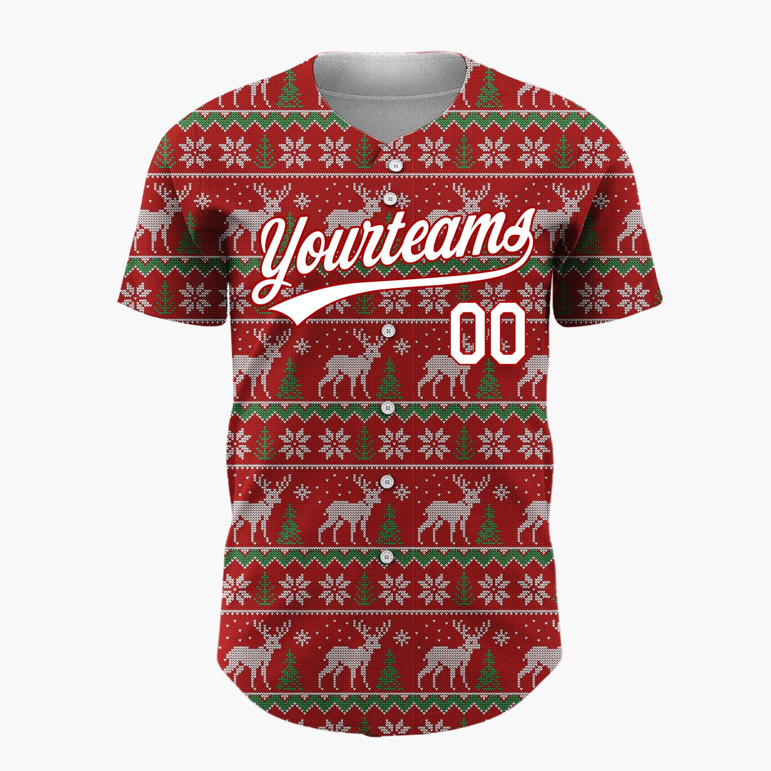 Custom Red Reindeer Snowflakes Nordic Fair Isle Knit Pattern Christmas Baseball Jersey