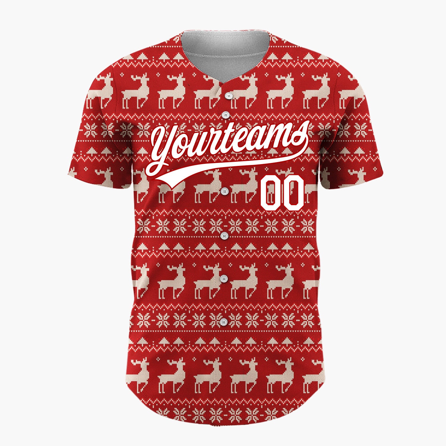 Custom Red White Reindeer Snowflakes Nordic Fair Isle Christmas Baseball Jersey