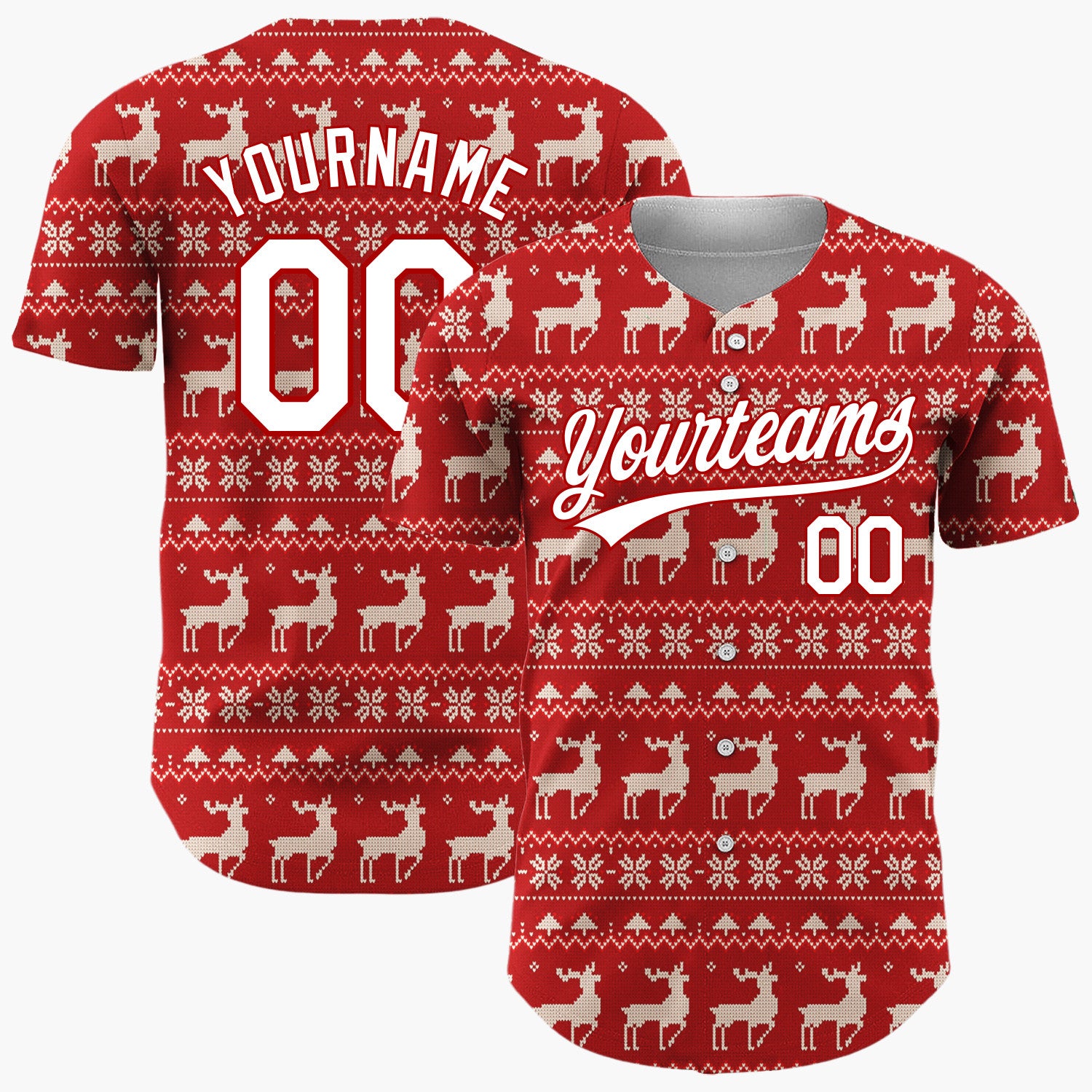 Custom Red White Reindeer Snowflakes Nordic Fair Isle Christmas Baseball Jersey
