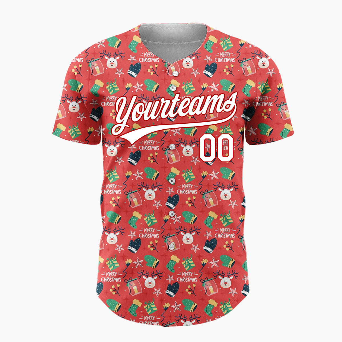 Custom Red Green Navy Bears Reindeer And Mittens Merry Christmas Baseball Jersey