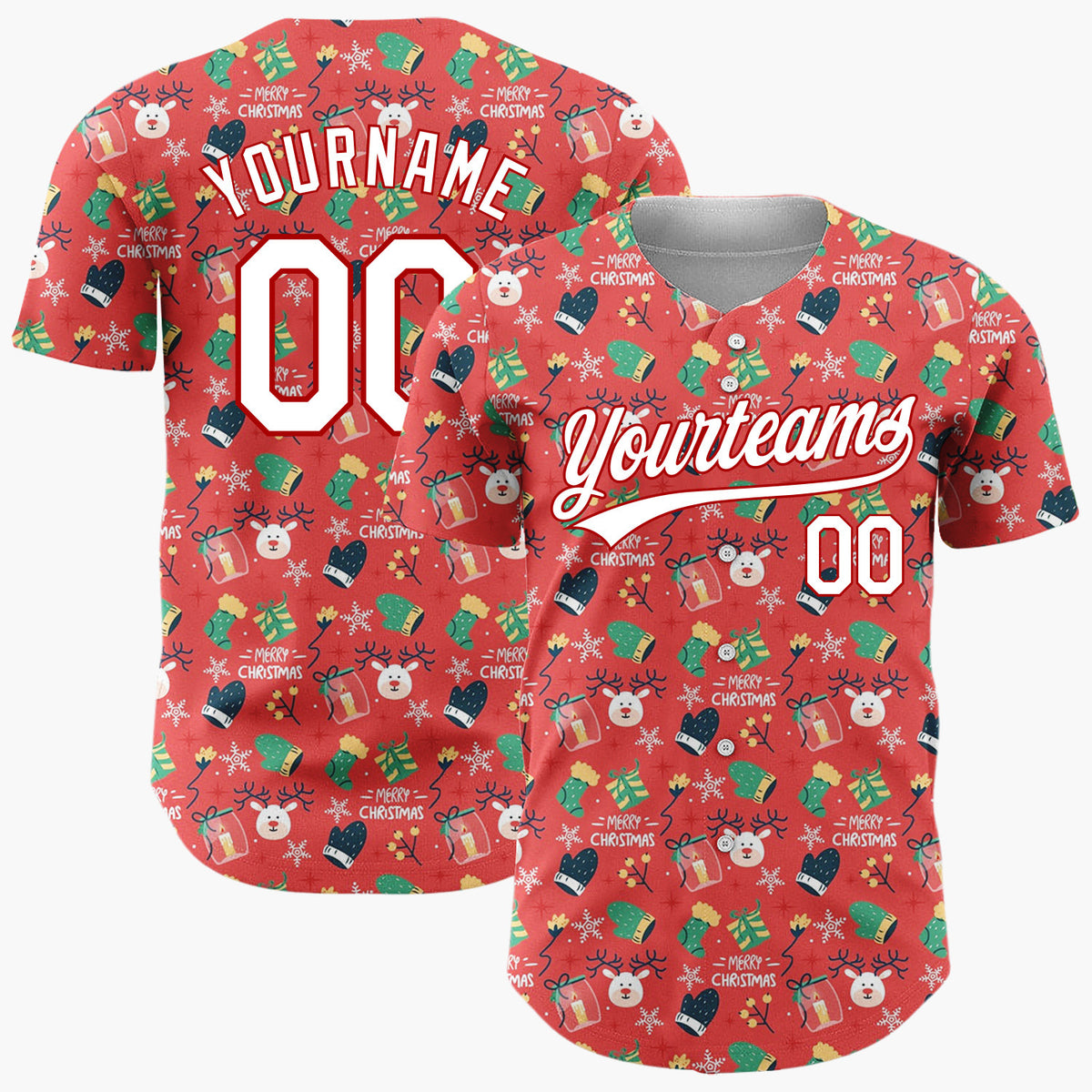 Custom Red Green Navy Bears Reindeer And Mittens Merry Christmas Baseball Jersey