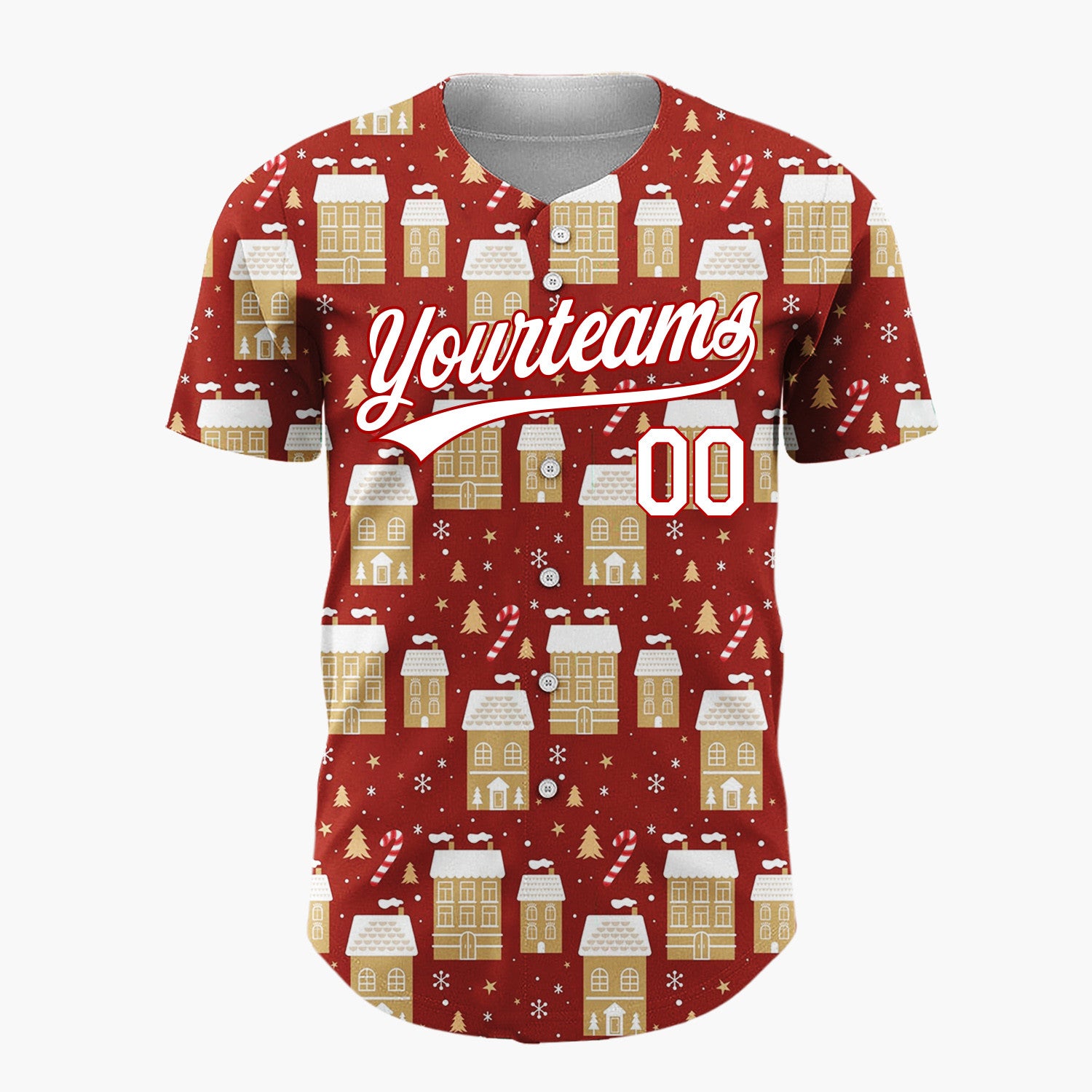 Custom Red Gold Houses Candy Canes And Snowflakes Christmas Village Pattern Christmas Baseball Jersey