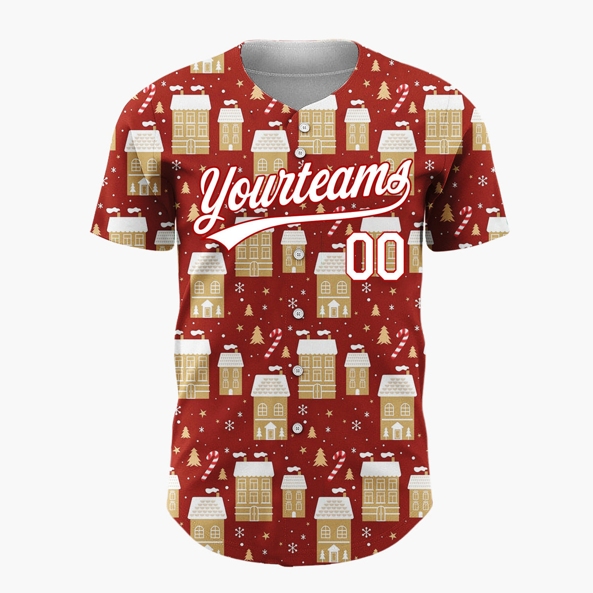 Custom Red Gold Houses Candy Canes And Snowflakes Christmas Village Pattern Christmas Baseball Jersey
