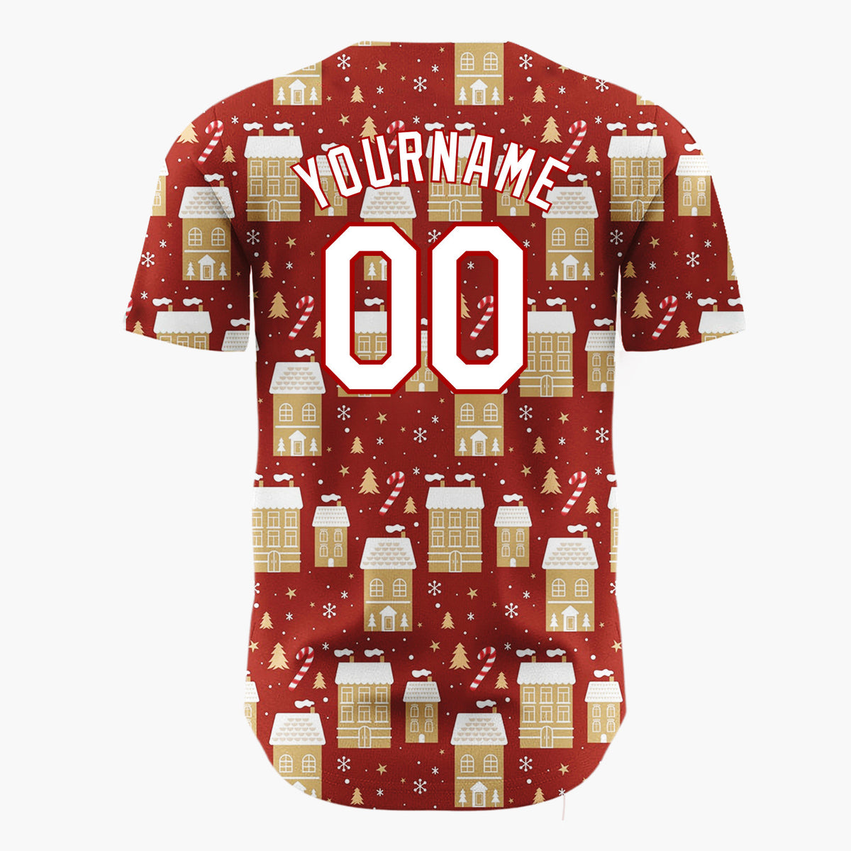 Custom Red Gold Houses Candy Canes And Snowflakes Christmas Village Pattern Christmas Baseball Jersey