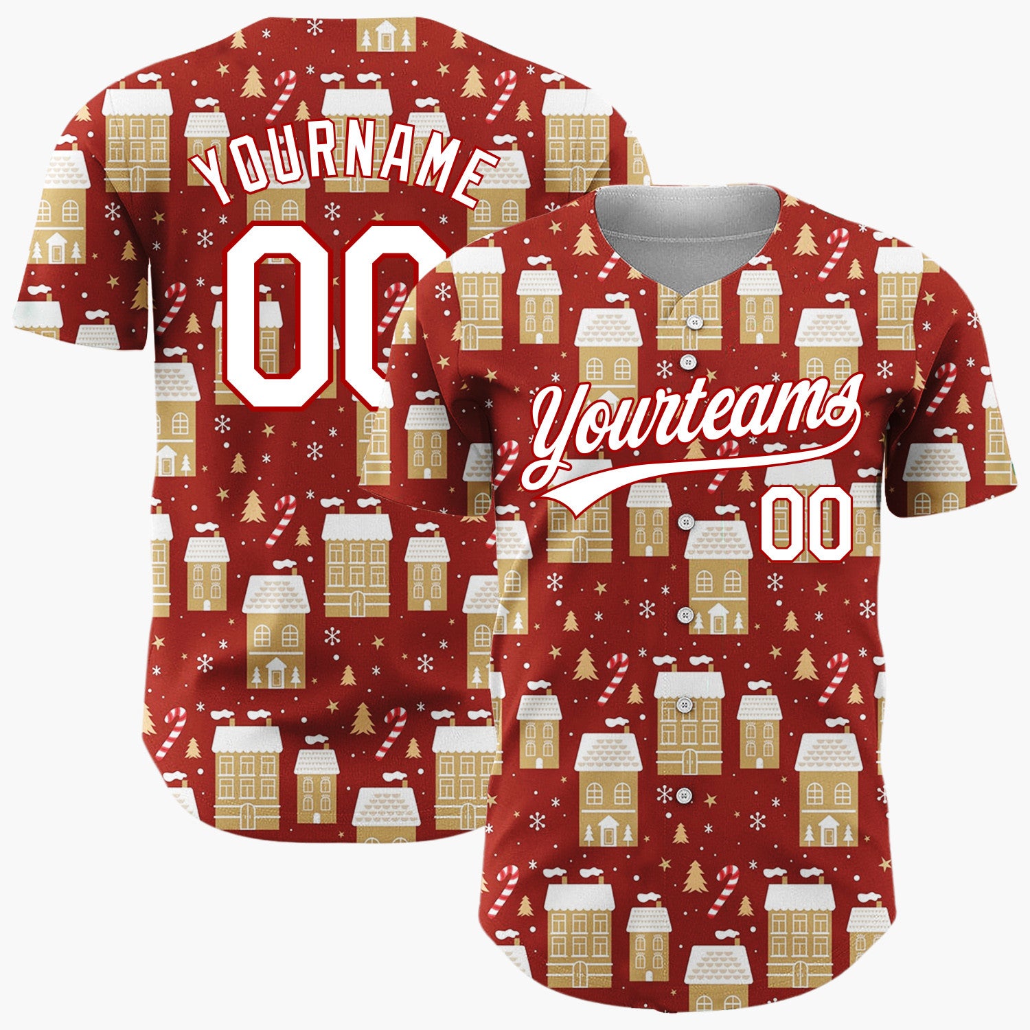 Custom Red Gold Houses Candy Canes And Snowflakes Christmas Village Pattern Christmas Baseball Jersey