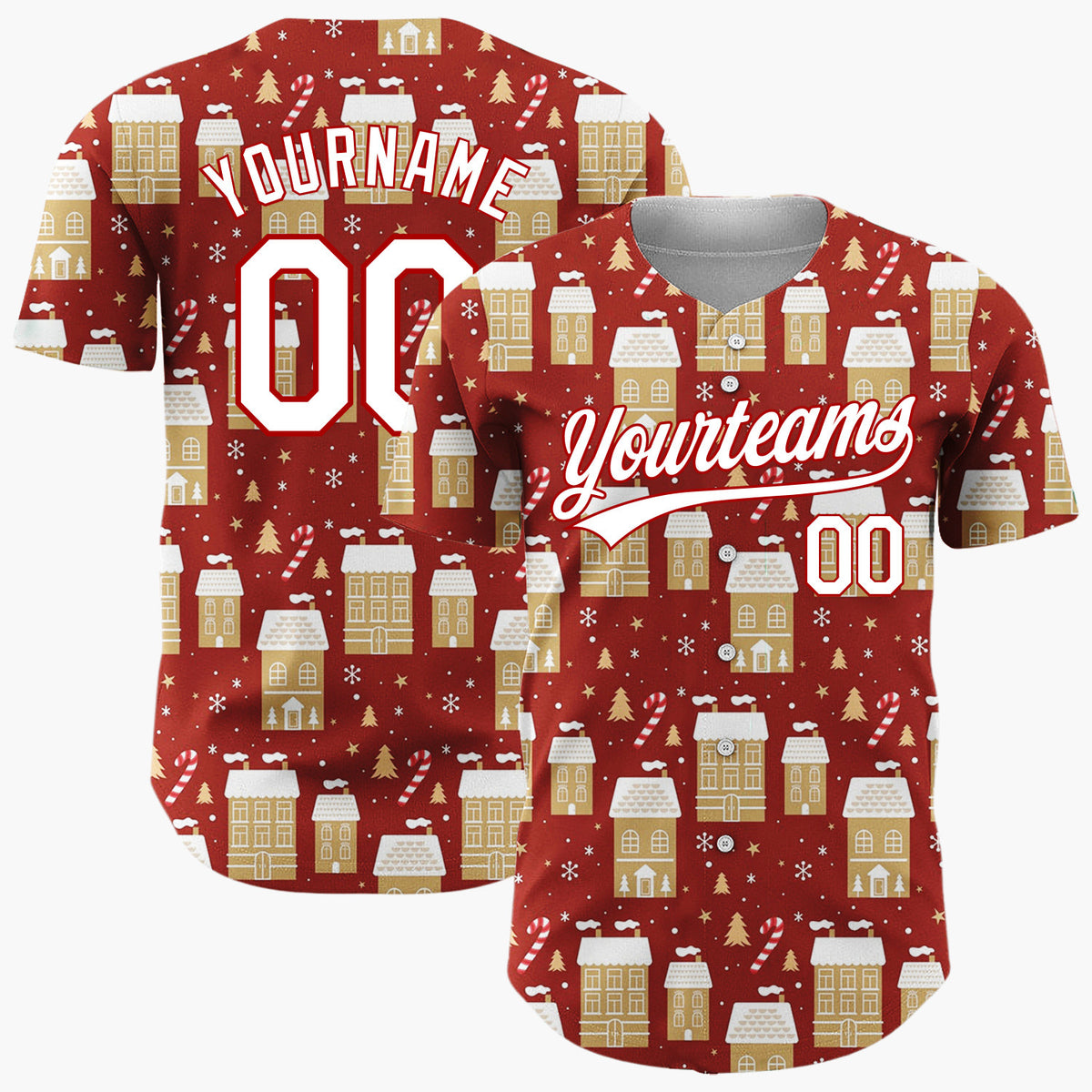 Custom Red Gold Houses Candy Canes And Snowflakes Christmas Village Pattern Christmas Baseball Jersey
