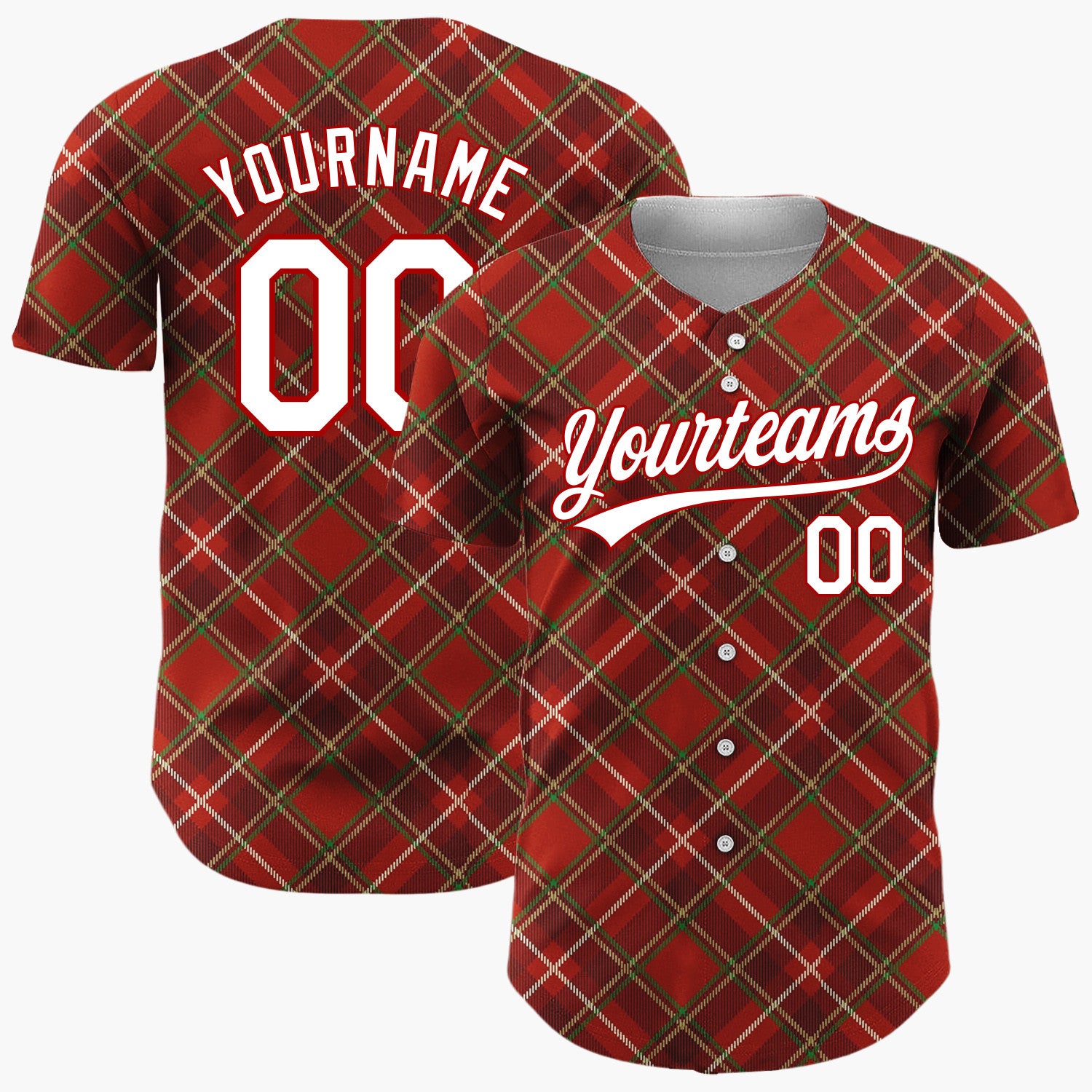 Custom Red Green Beige Tartan Plaid Classic Holiday Pattern Christmas Baseball Jersey