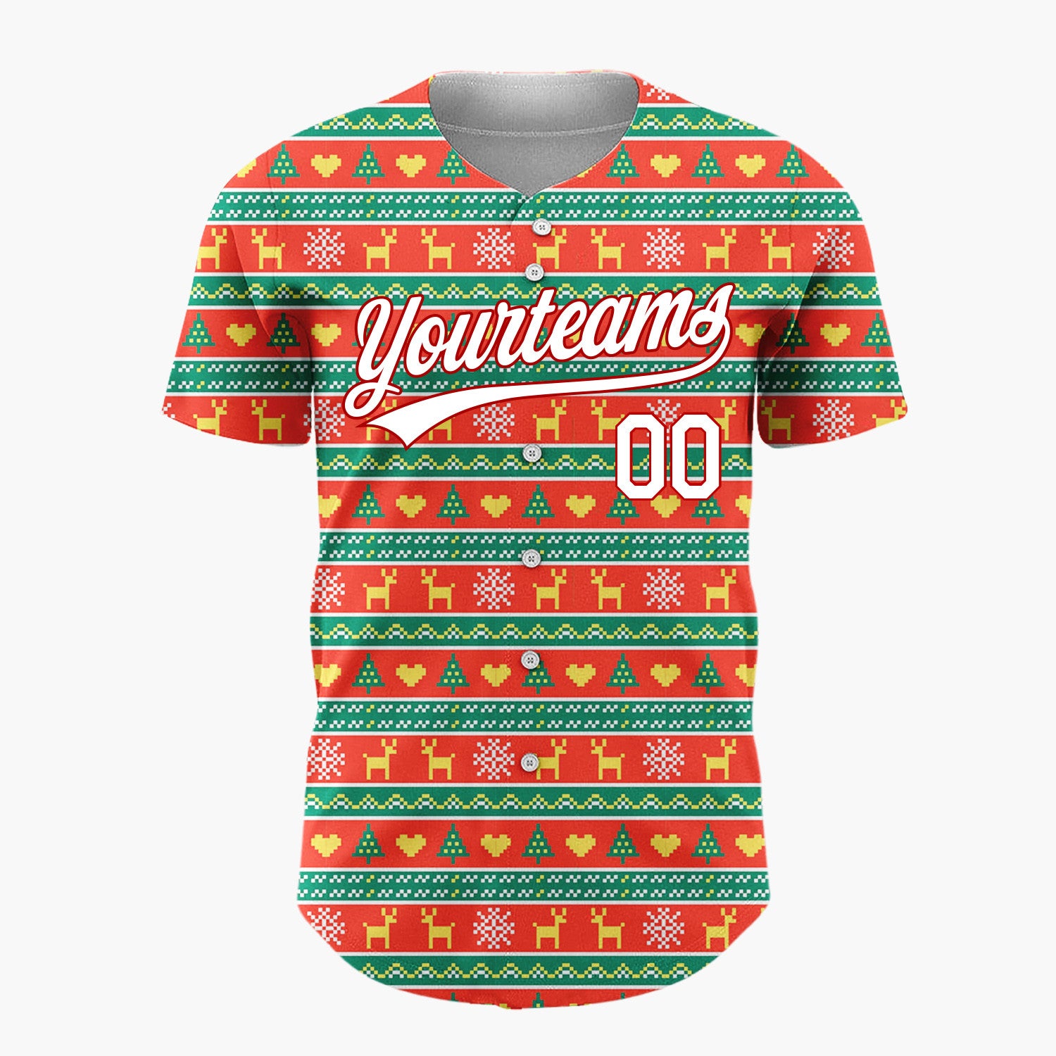 Custom Red Green Reindeer Trees And Hearts Pixel Knit Christmas Baseball Jersey