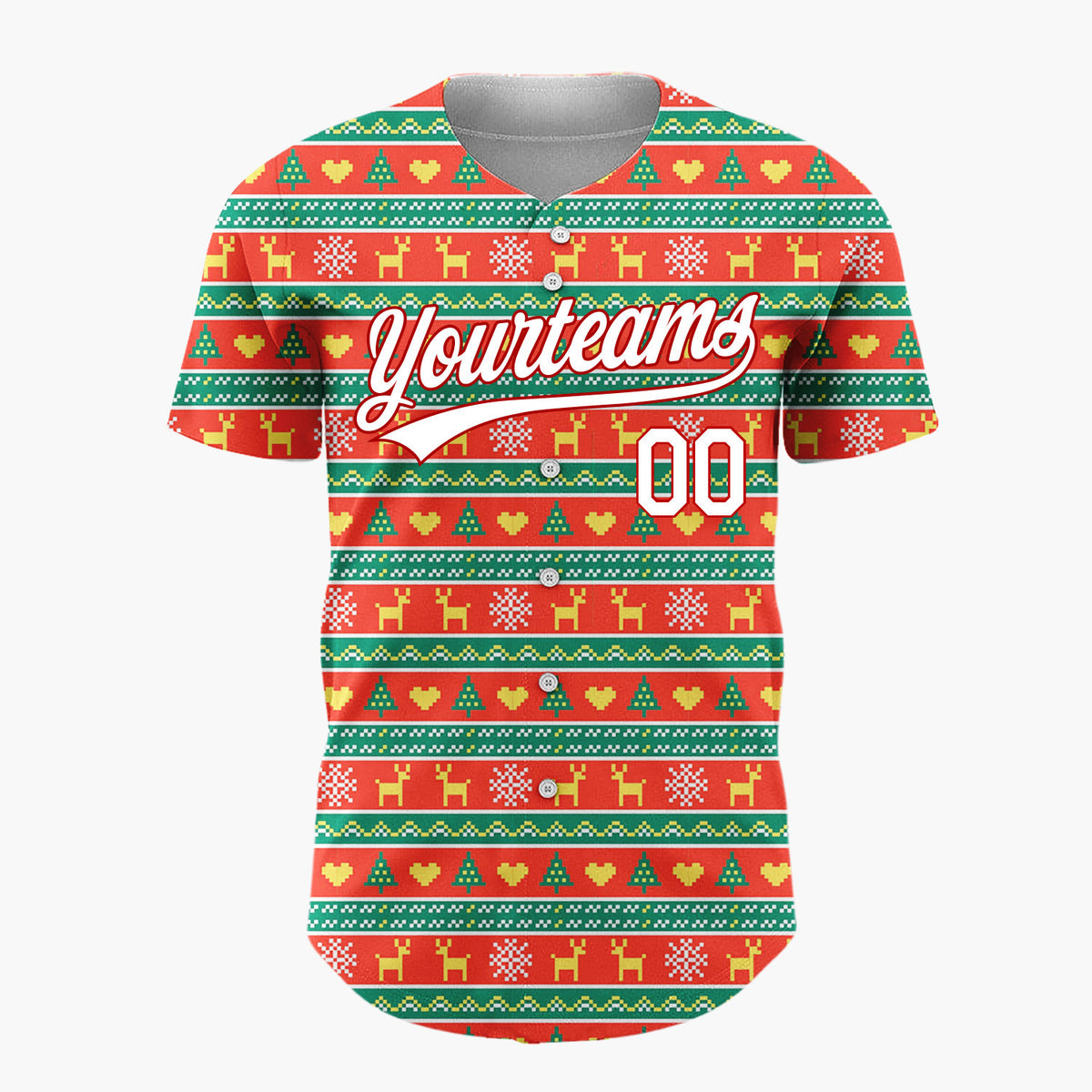 Custom Red Green Reindeer Trees And Hearts Pixel Knit Christmas Baseball Jersey