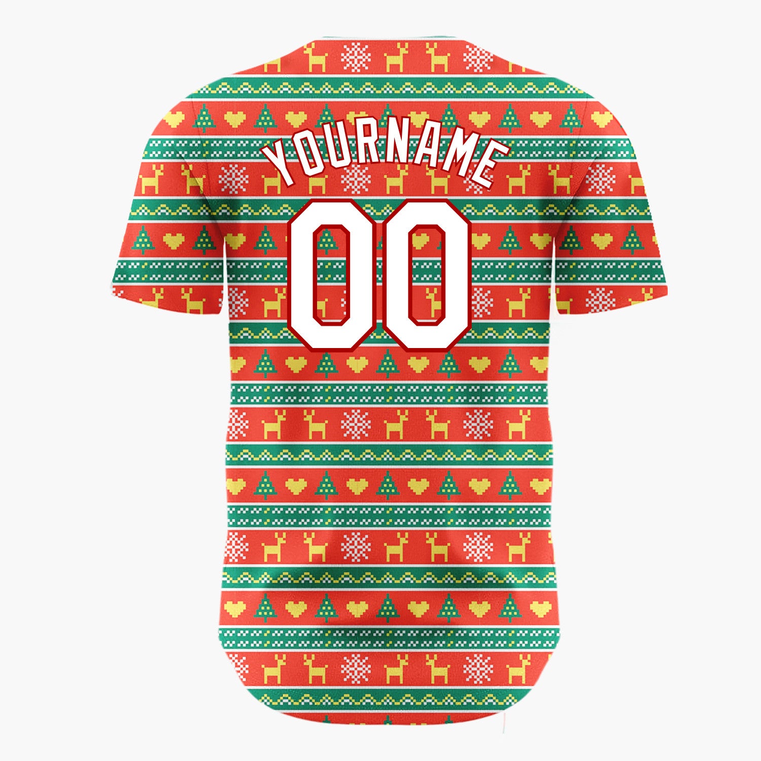 Custom Red Green Reindeer Trees And Hearts Pixel Knit Christmas Baseball Jersey