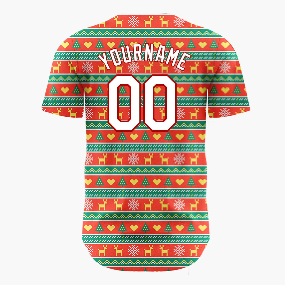 Custom Red Green Reindeer Trees And Hearts Pixel Knit Christmas Baseball Jersey