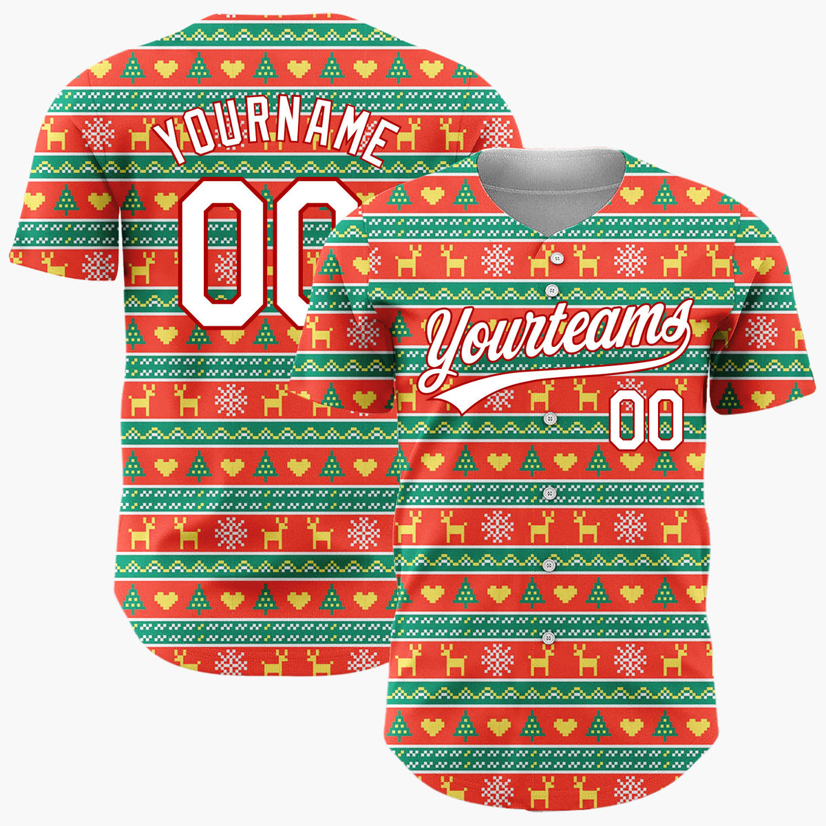 Custom Red Green Reindeer Trees And Hearts Pixel Knit Christmas Baseball Jersey