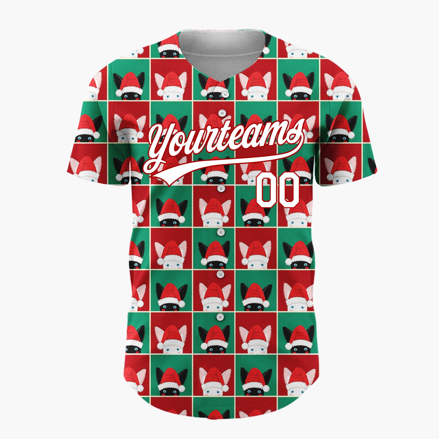 Custom Red Green Cat Face Checkerboard Cute Christmas Baseball Jersey