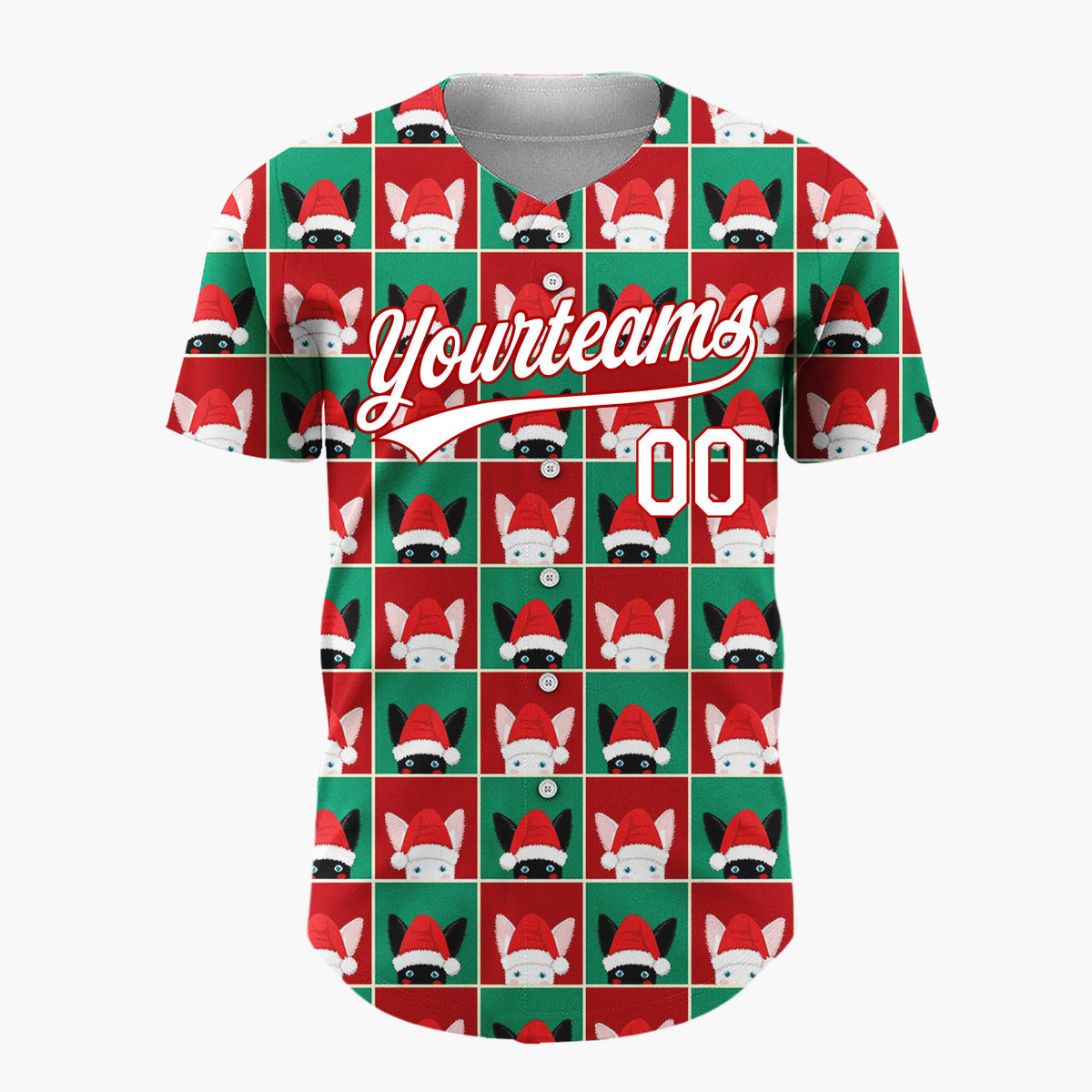 Custom Red Green Cat Face Checkerboard Cute Christmas Baseball Jersey