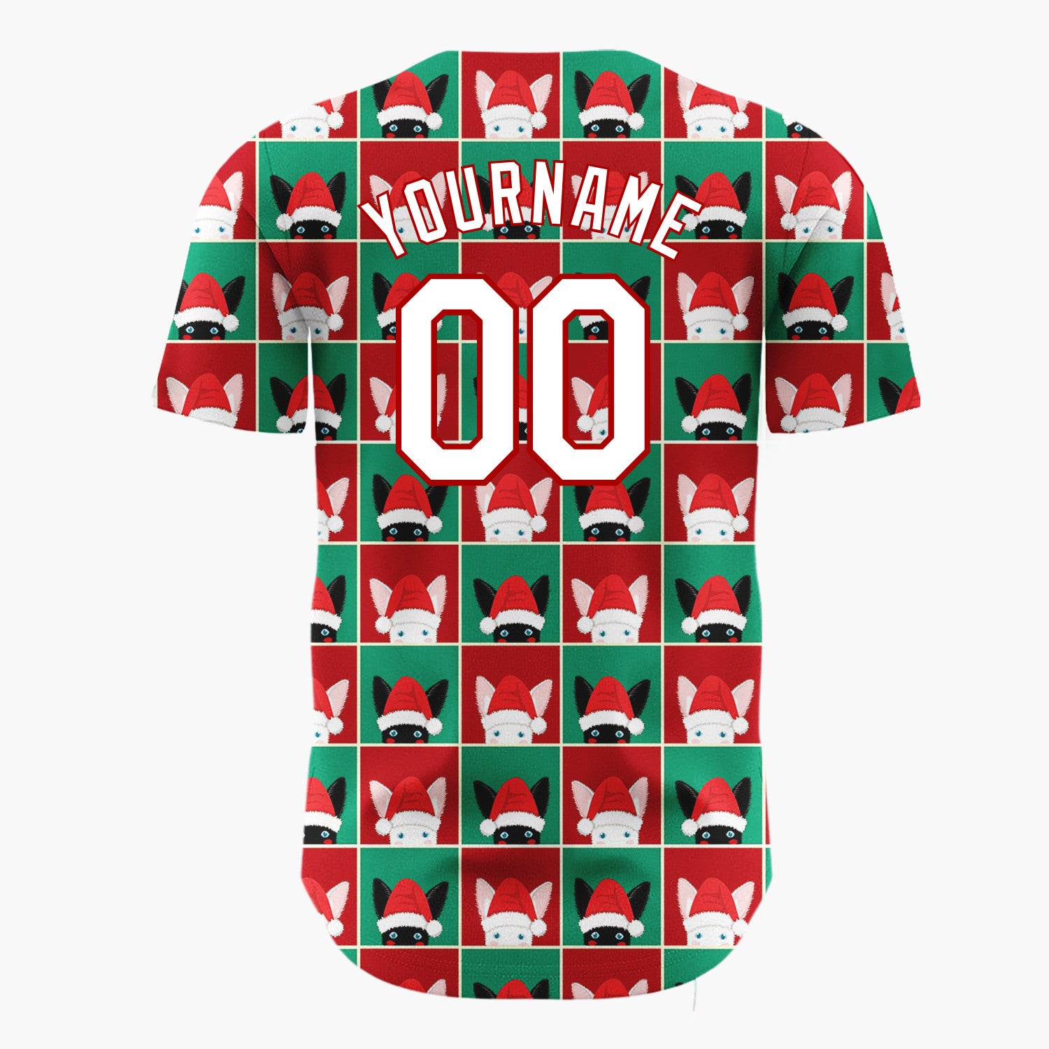 Custom Red Green Cat Face Checkerboard Cute Christmas Baseball Jersey
