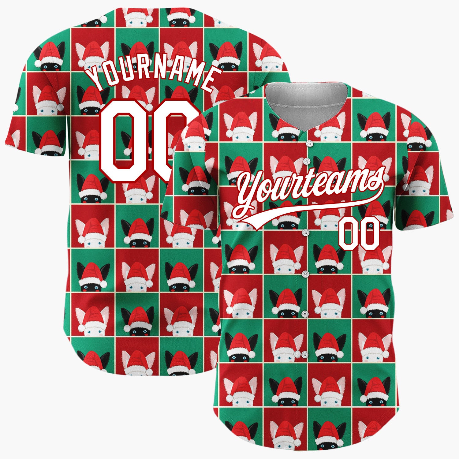 Custom Red Green Cat Face Checkerboard Cute Christmas Baseball Jersey
