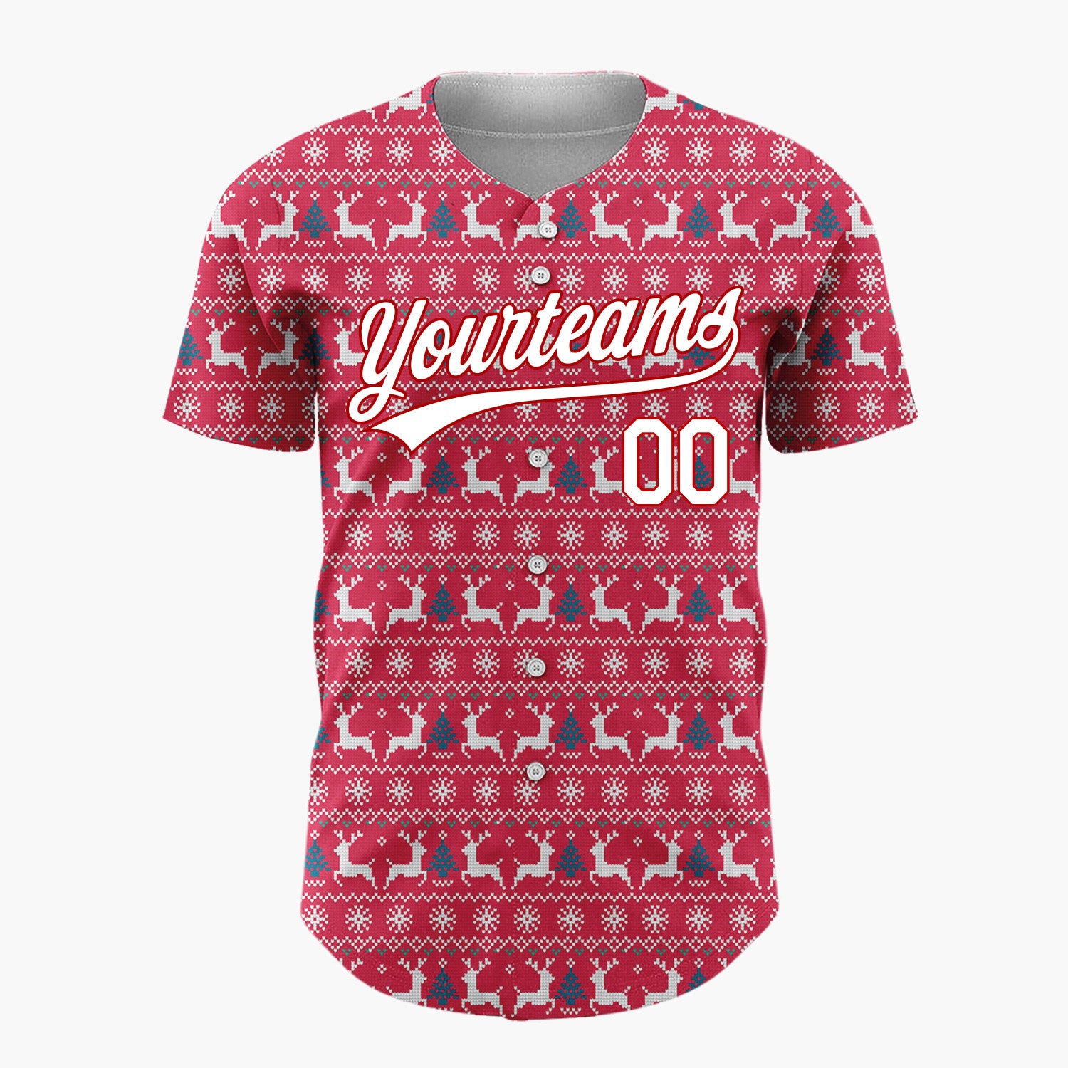 Custom Red White Blue Reindeer And Tree Nordic Knit Christmas Baseball Jersey