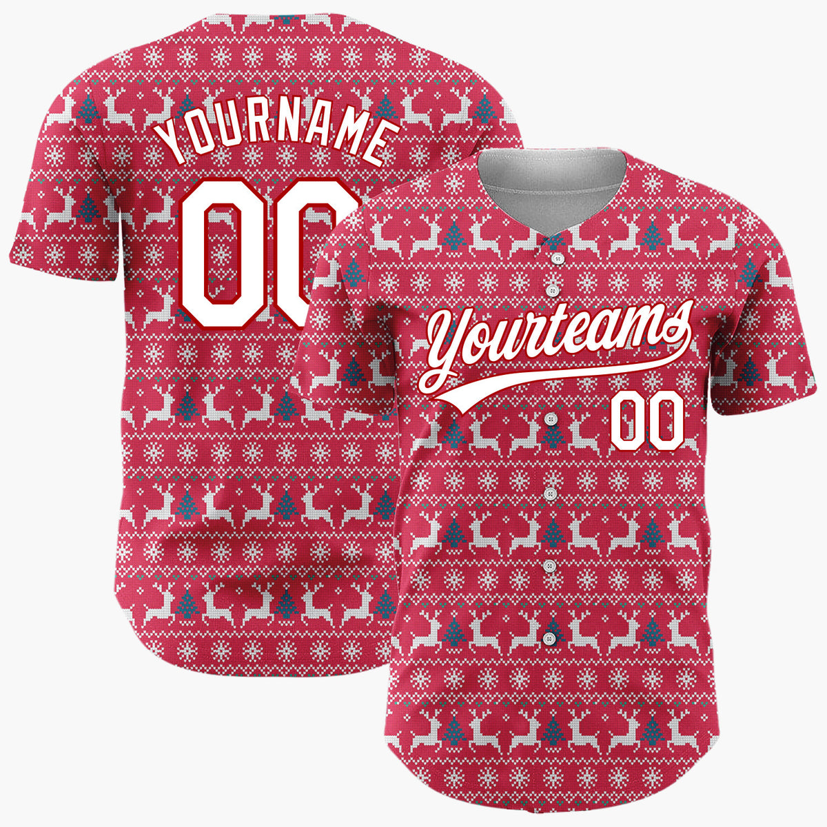 Custom Red White Blue Reindeer And Tree Nordic Knit Christmas Baseball Jersey