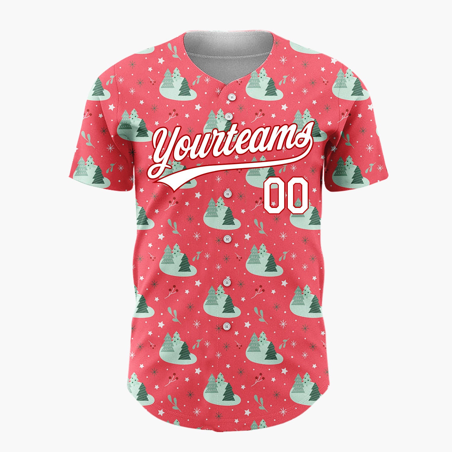 Custom Red Mint Green Forest Trees And Snowflakes Simple Holiday Pattern Christmas Baseball Jersey