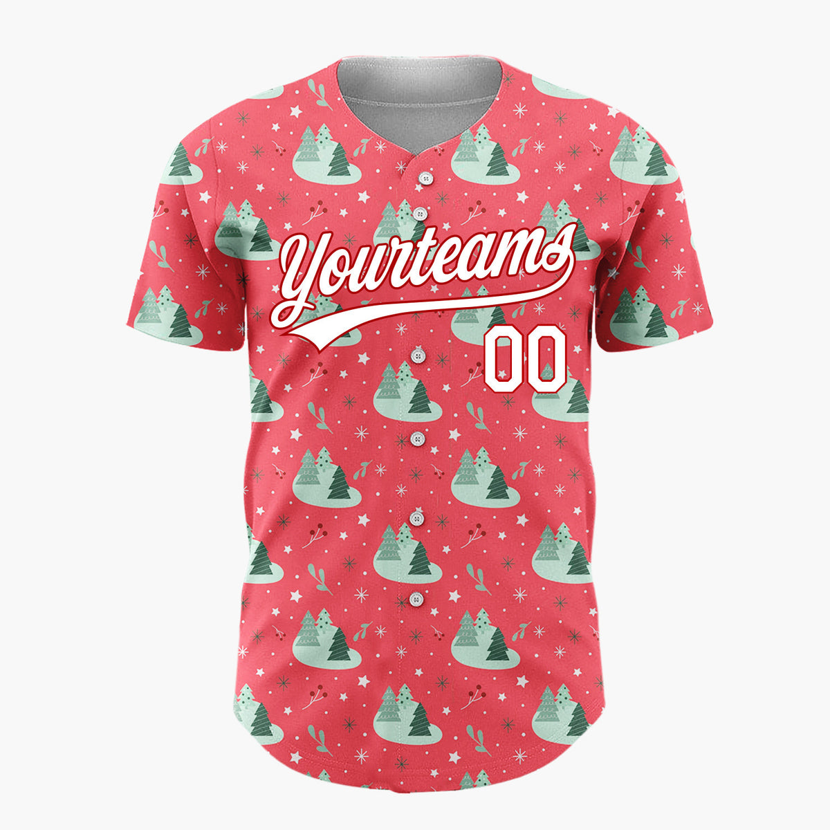 Custom Red Mint Green Forest Trees And Snowflakes Simple Holiday Pattern Christmas Baseball Jersey