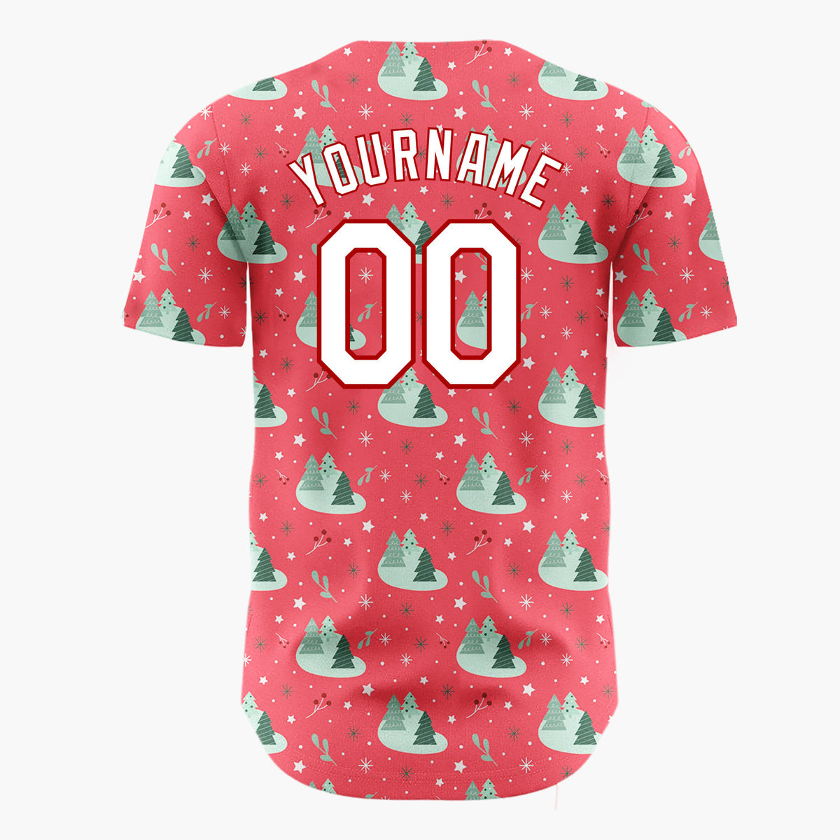 Custom Red Mint Green Forest Trees And Snowflakes Simple Holiday Pattern Christmas Baseball Jersey