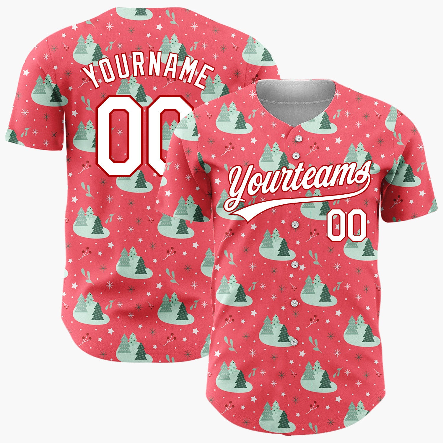 Custom Red Mint Green Forest Trees And Snowflakes Simple Holiday Pattern Christmas Baseball Jersey