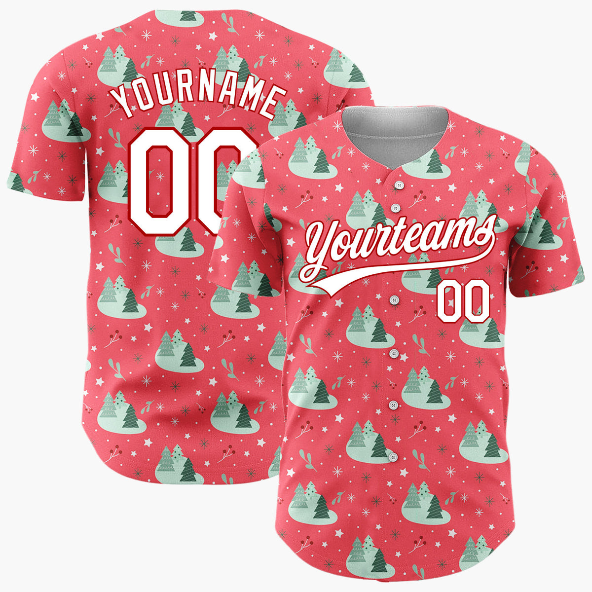Custom Red Mint Green Forest Trees And Snowflakes Simple Holiday Pattern Christmas Baseball Jersey