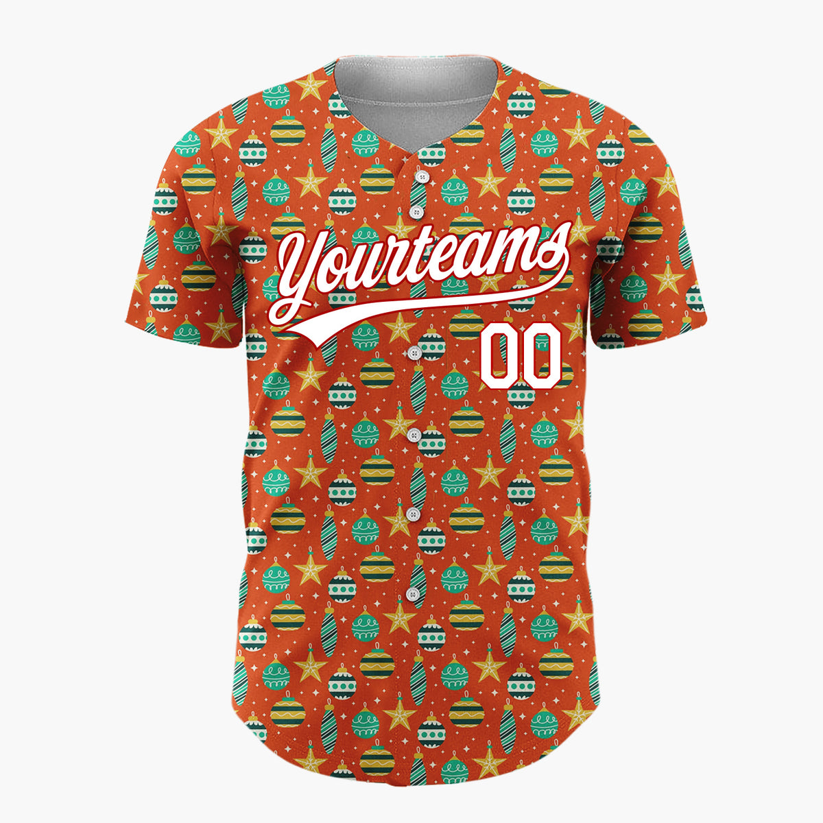 Custom Red Green Gold Stars And Baubles Festive Christmas Baseball Jersey