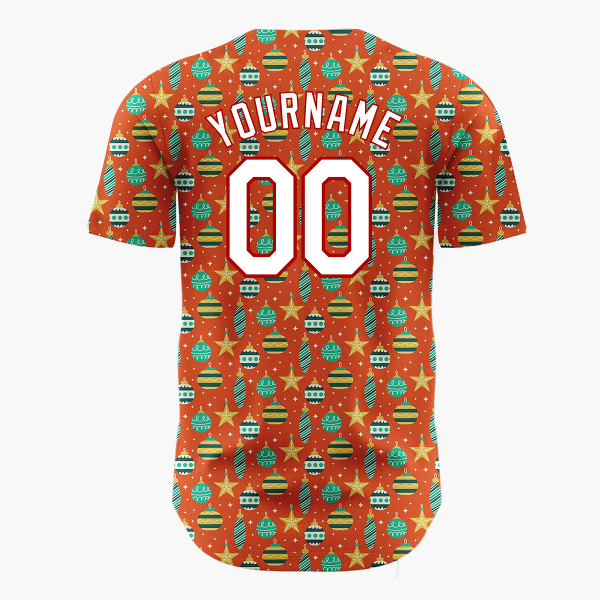 Custom Red Green Gold Stars And Baubles Festive Christmas Baseball Jersey
