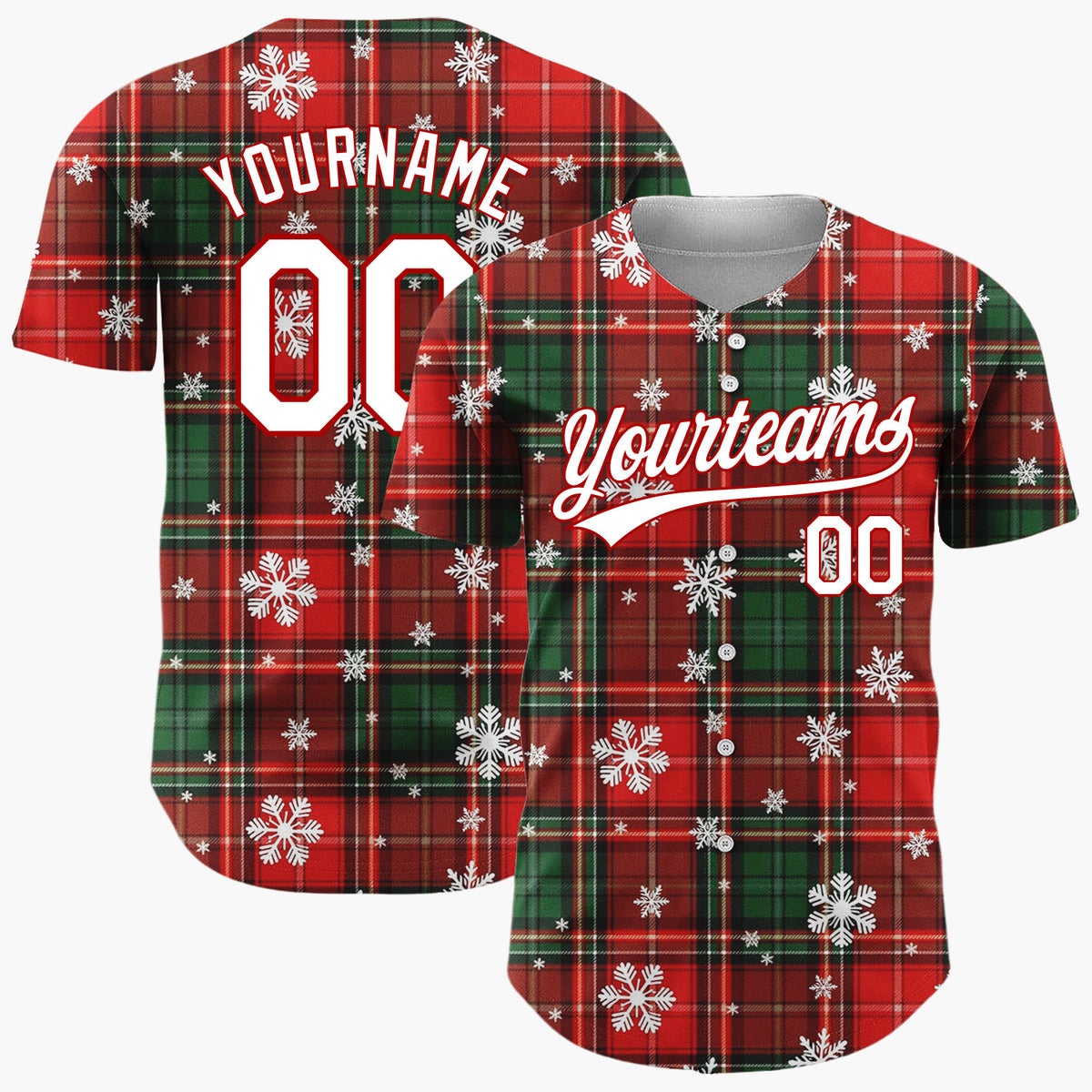 Custom Red Green Tartan Plaid Snowflakes Plaid Pattern Christmas Baseball Jersey