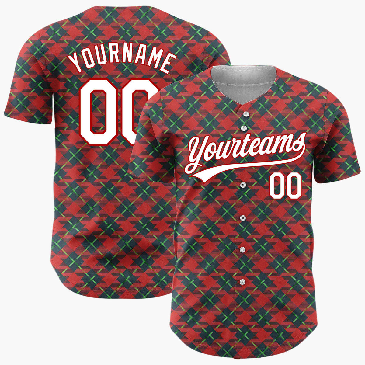 Custom Red Green Diagonal Plaid Tartan Fabric Pattern Christmas Baseball Jersey